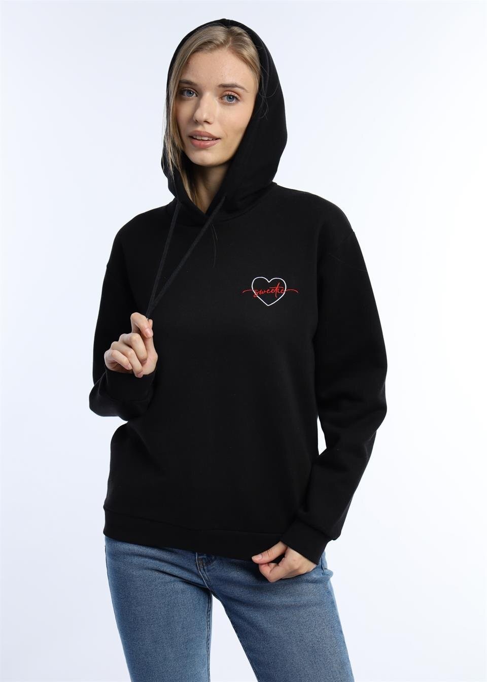 Kadin Kalp Nakışlı 3 İplik Sweatshirt Siyah