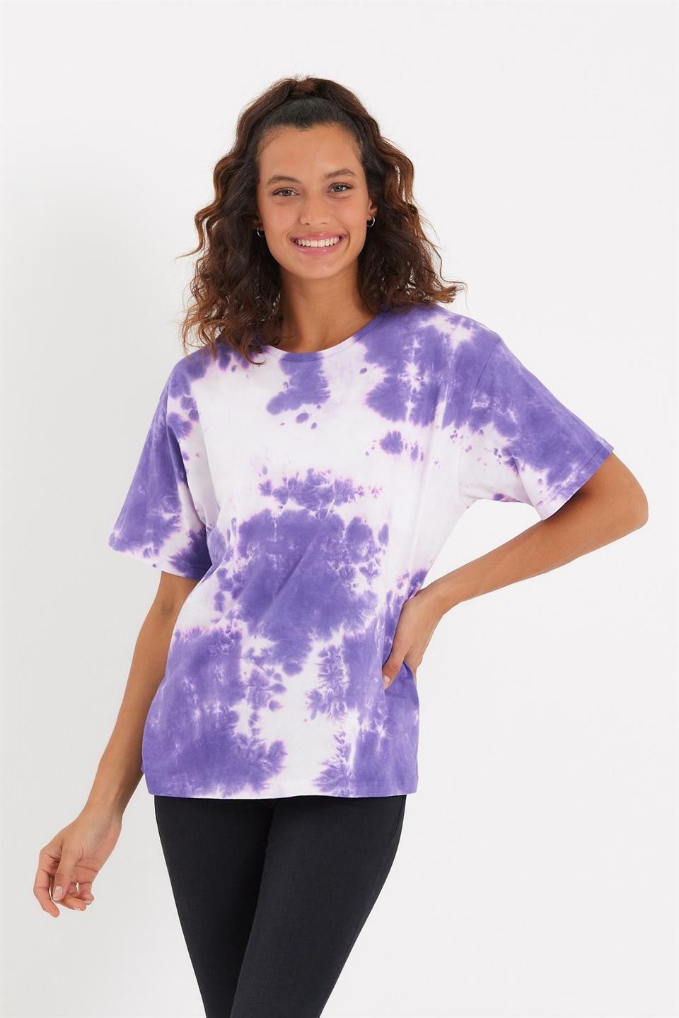 Kadın Batik Yıkamalı Oversize T-shirt Mor