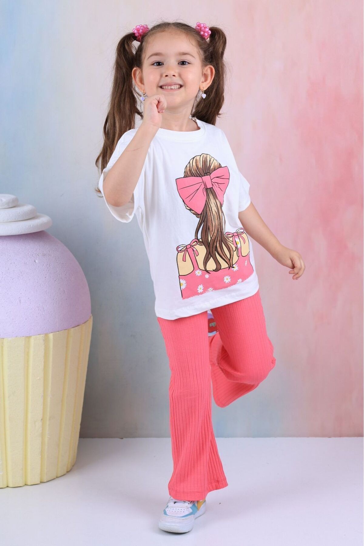 İspanyol Paça Fitilli Tayt Oversize Baskılı T-shirt Kız Çocuk Takım