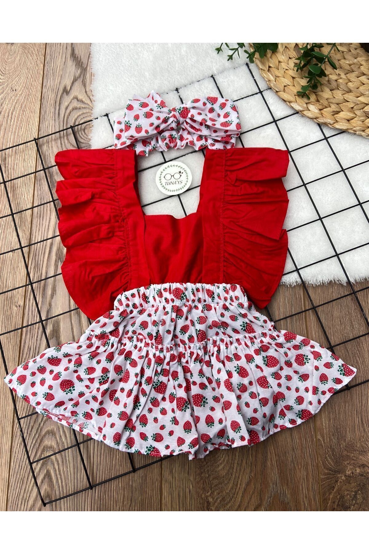 Kız Bebek Bandanalı Salopet - kırmızı çilek