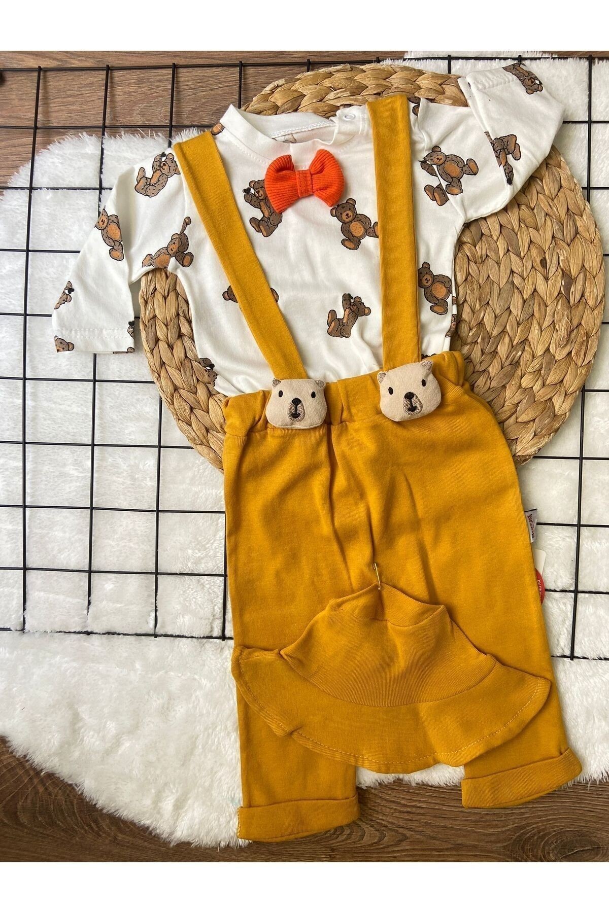 Erkek Ayı Baskılı Badili Şapkalı Salopet Tulum %100 COTTON
