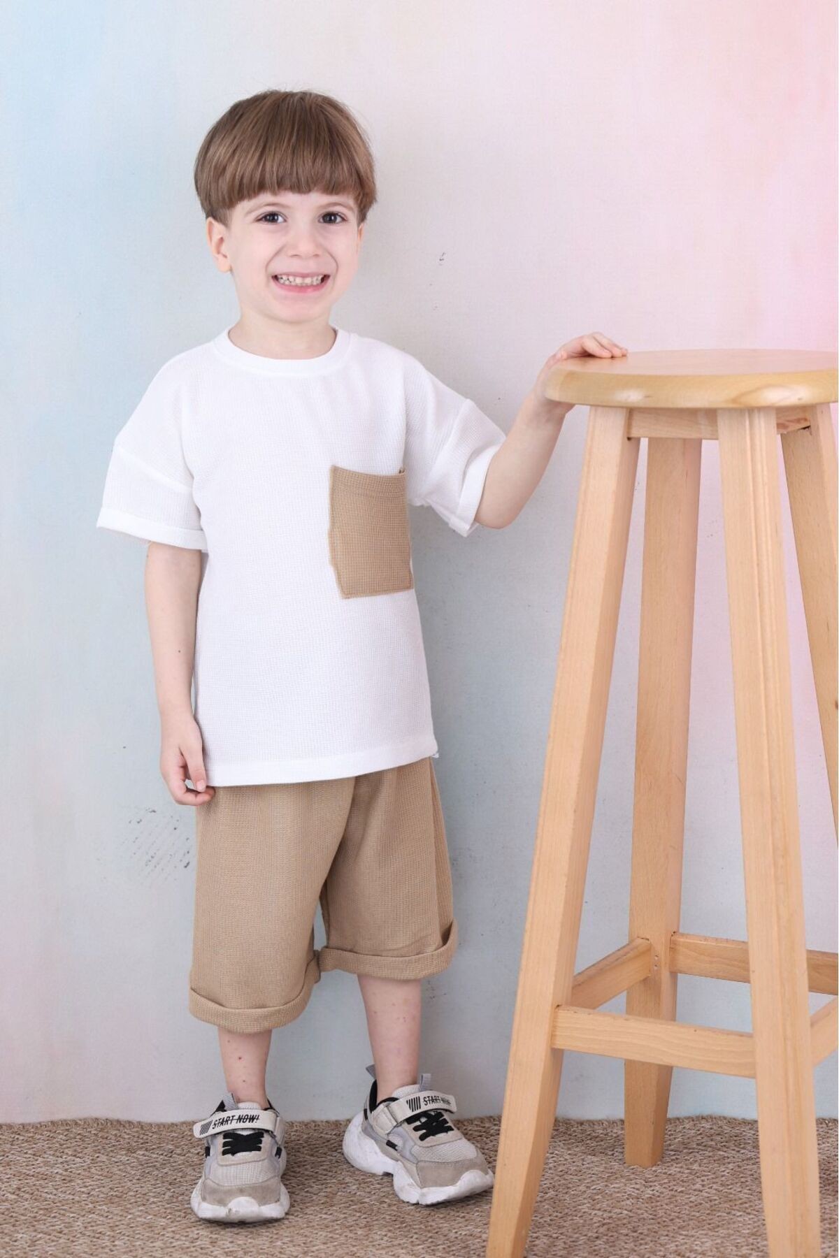 Erkek Çocuk Şortlu Takım Oversize Kalıp Waffle Kumaş