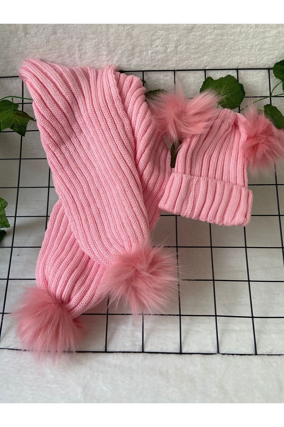 Bebek Atkı Bere Takımı Ponponlu - pembe