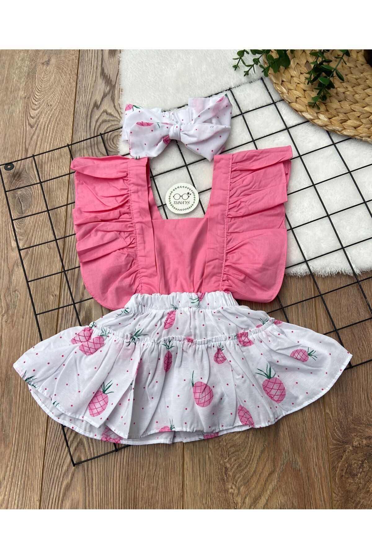 Kız Bebek Bandanalı Salopet - pembe ananas