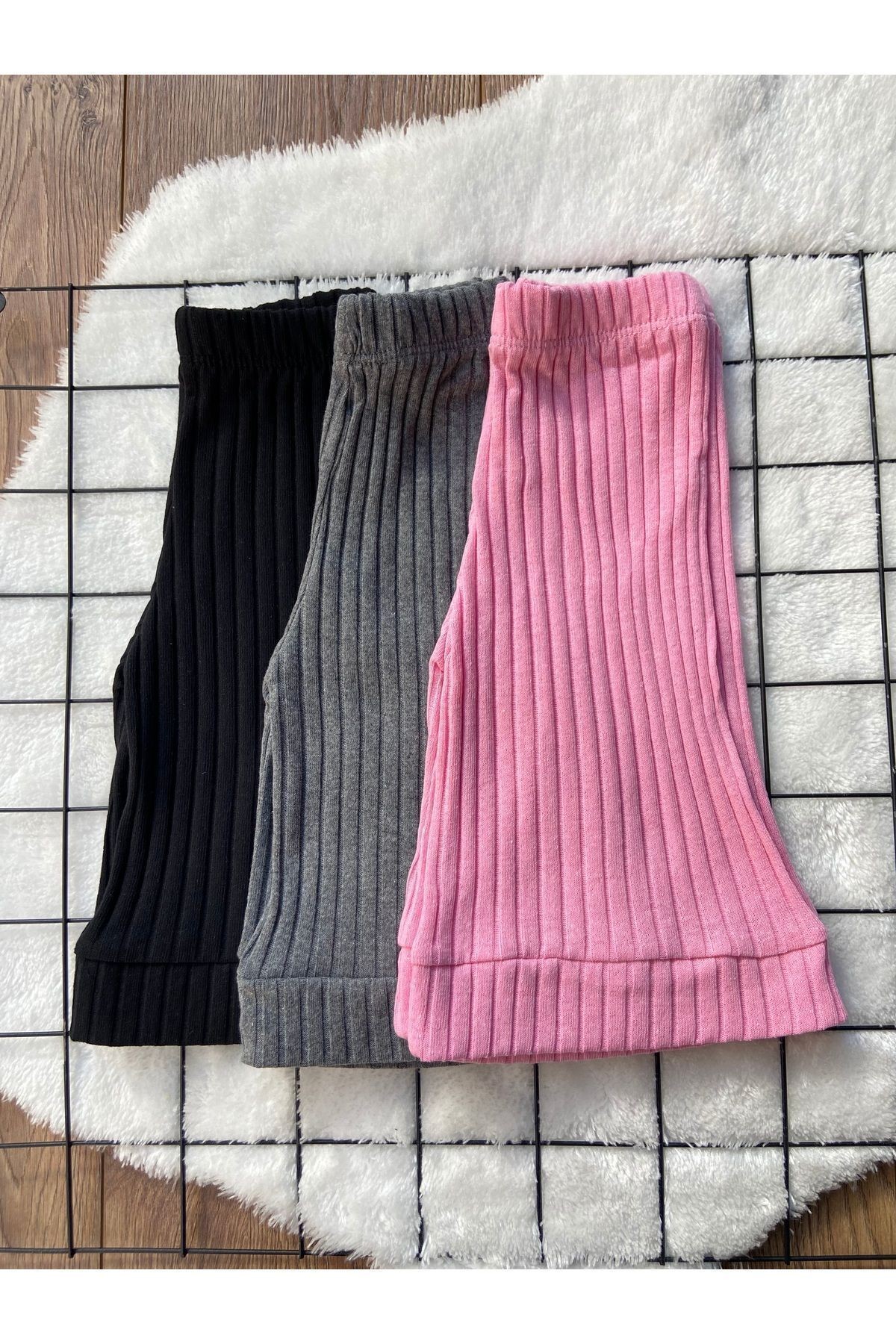 %100 Pamuk Fitilli Kumaş  Kız Çocuk Şort 3'lü Set - siyah füme pembe