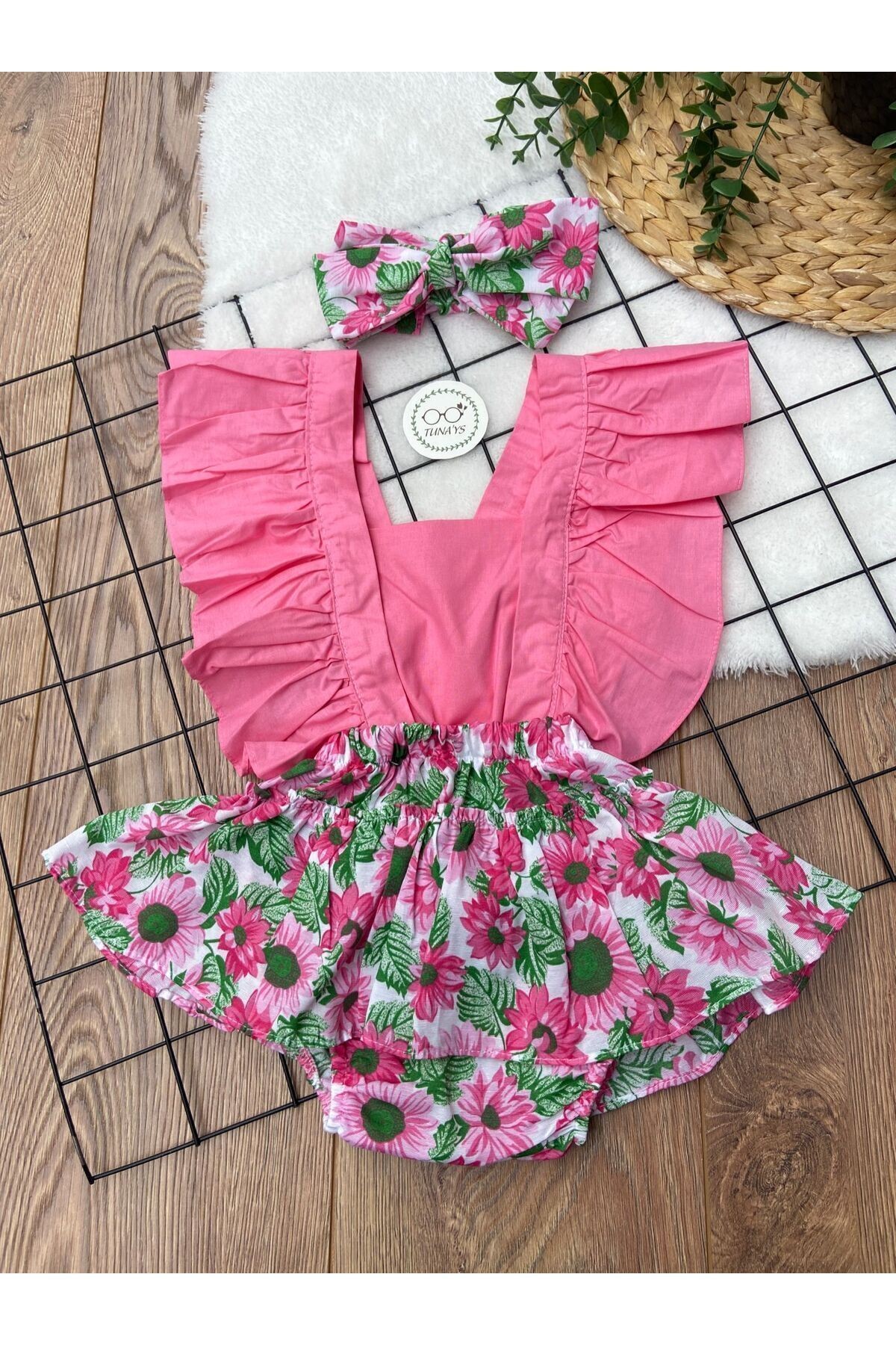 Kız Bebek Bandanalı Salopet - pembe çiçek