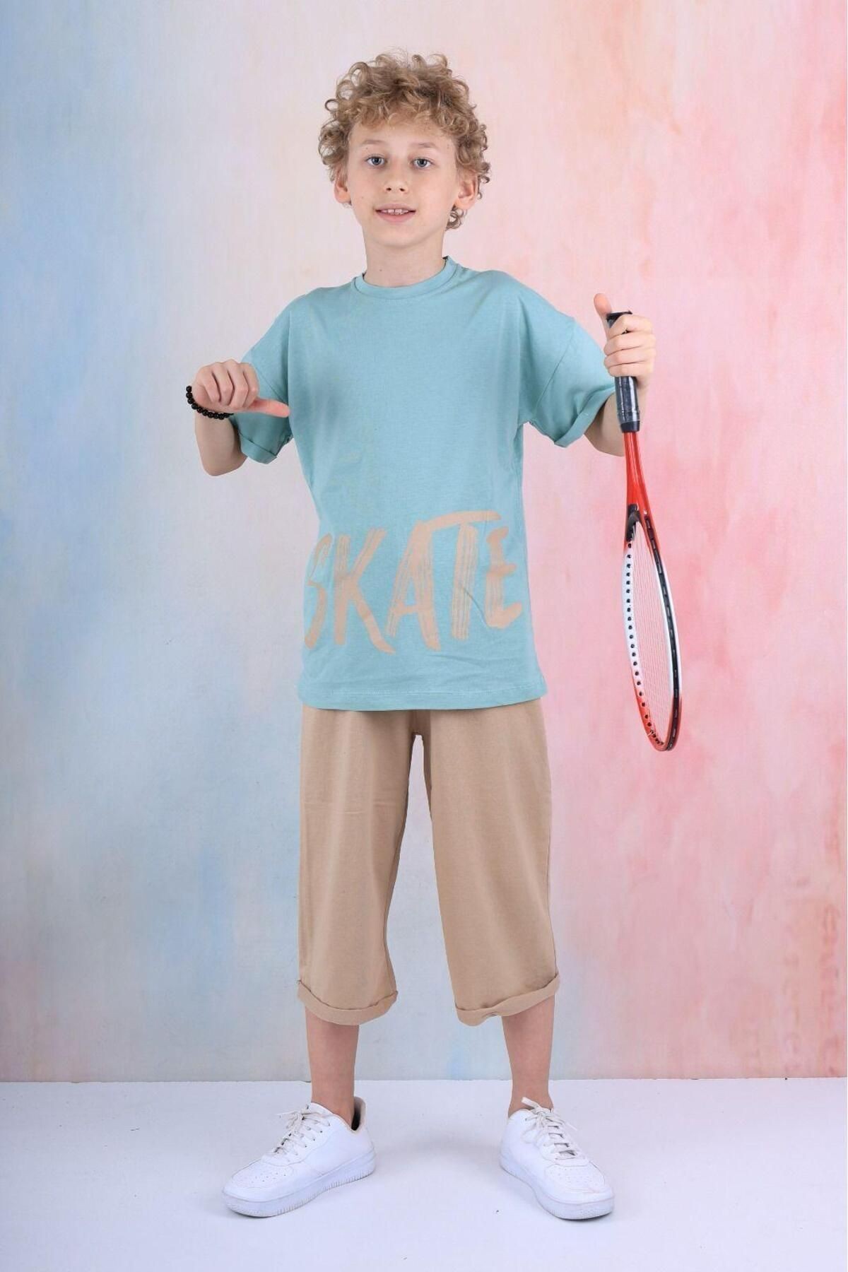OVERSİZE T-SHİRT SKATE BASKILI  ERKEK ÇOCUK KAPRİLİ %100 PAMUK TAKIM