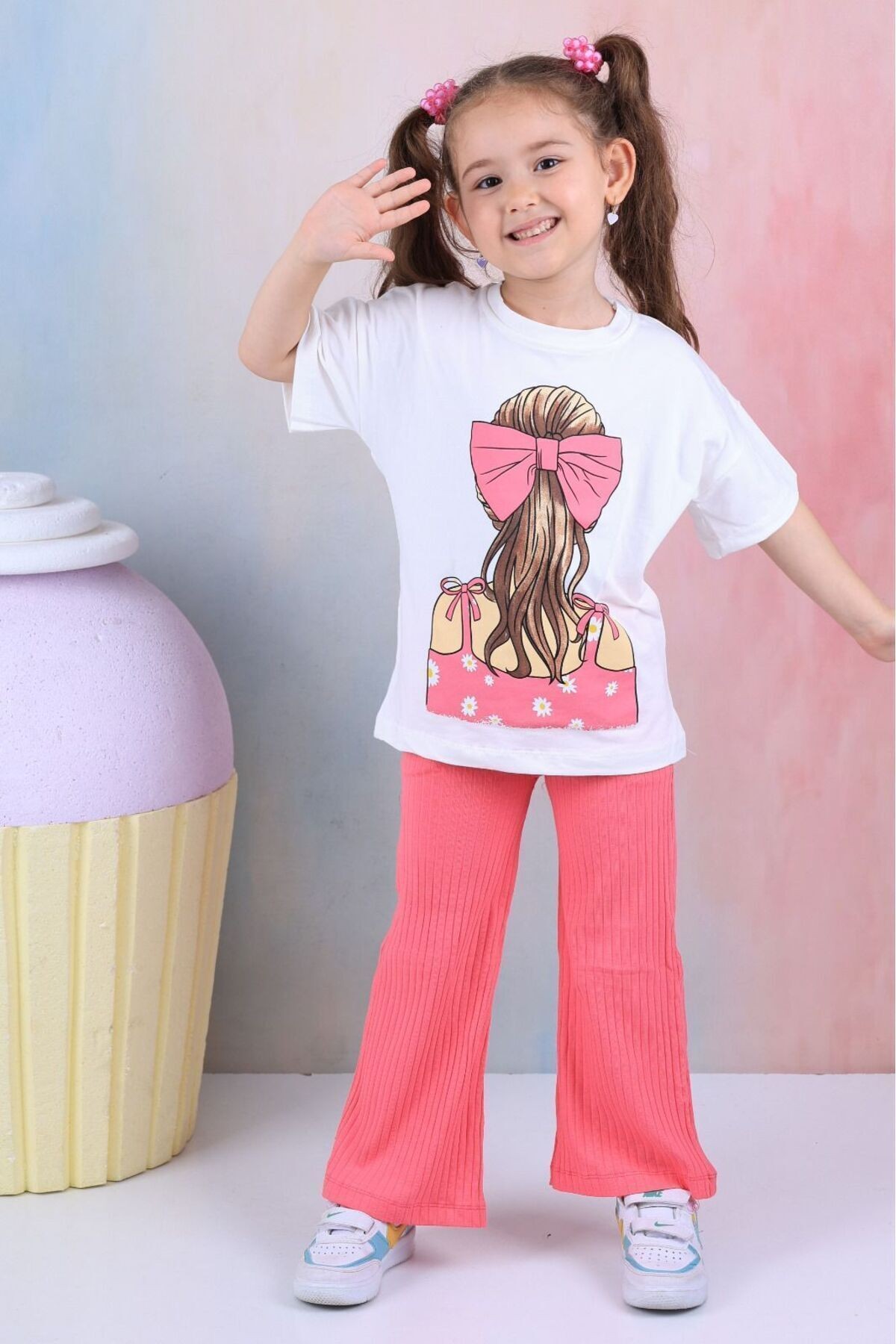 İspanyol Paça Fitilli Tayt Oversize Baskılı T-shirt Kız Çocuk Takım