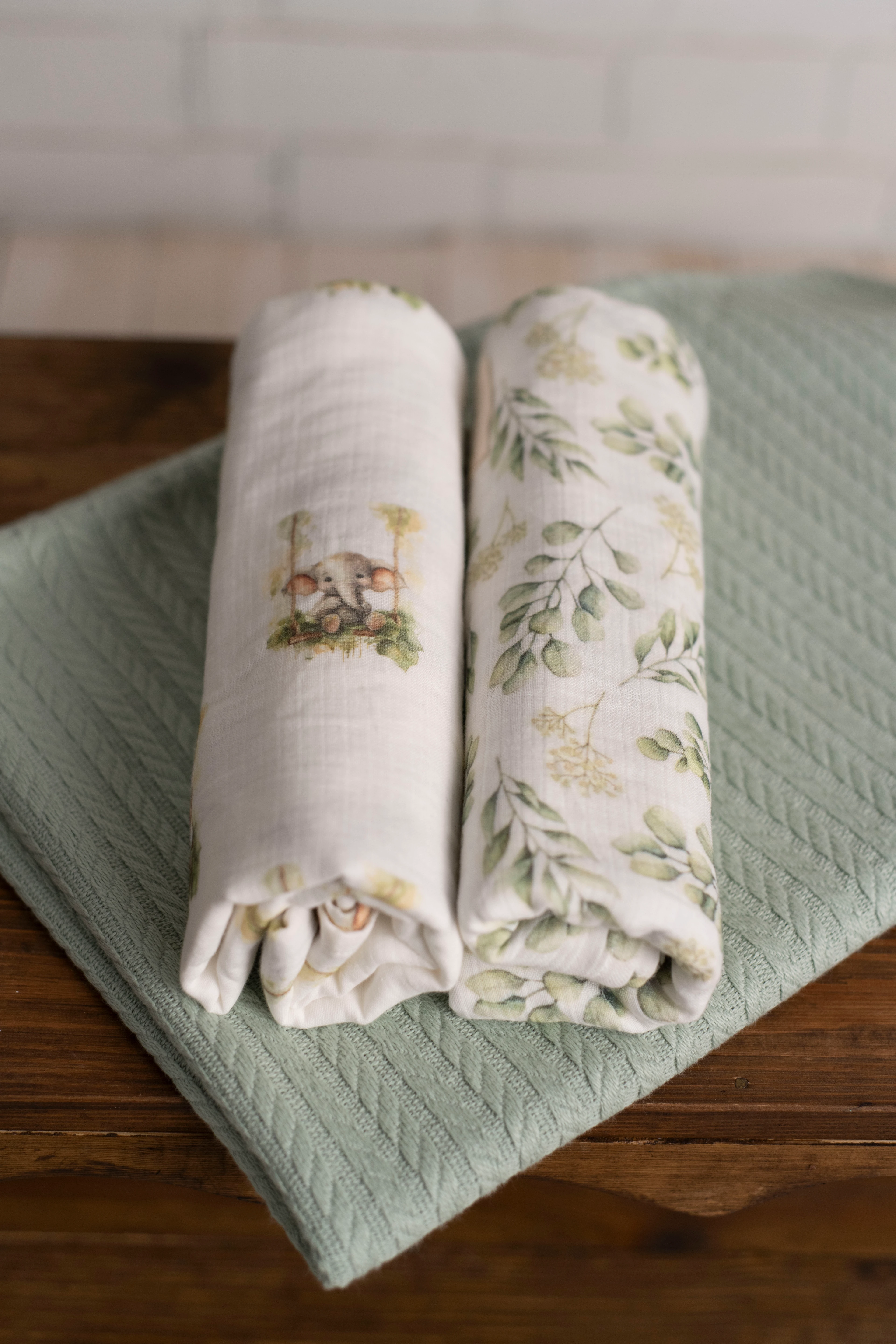 2 Kat Müslin Örtü + Pike Seti - Yeşil Pike + Okaliptus/Fil