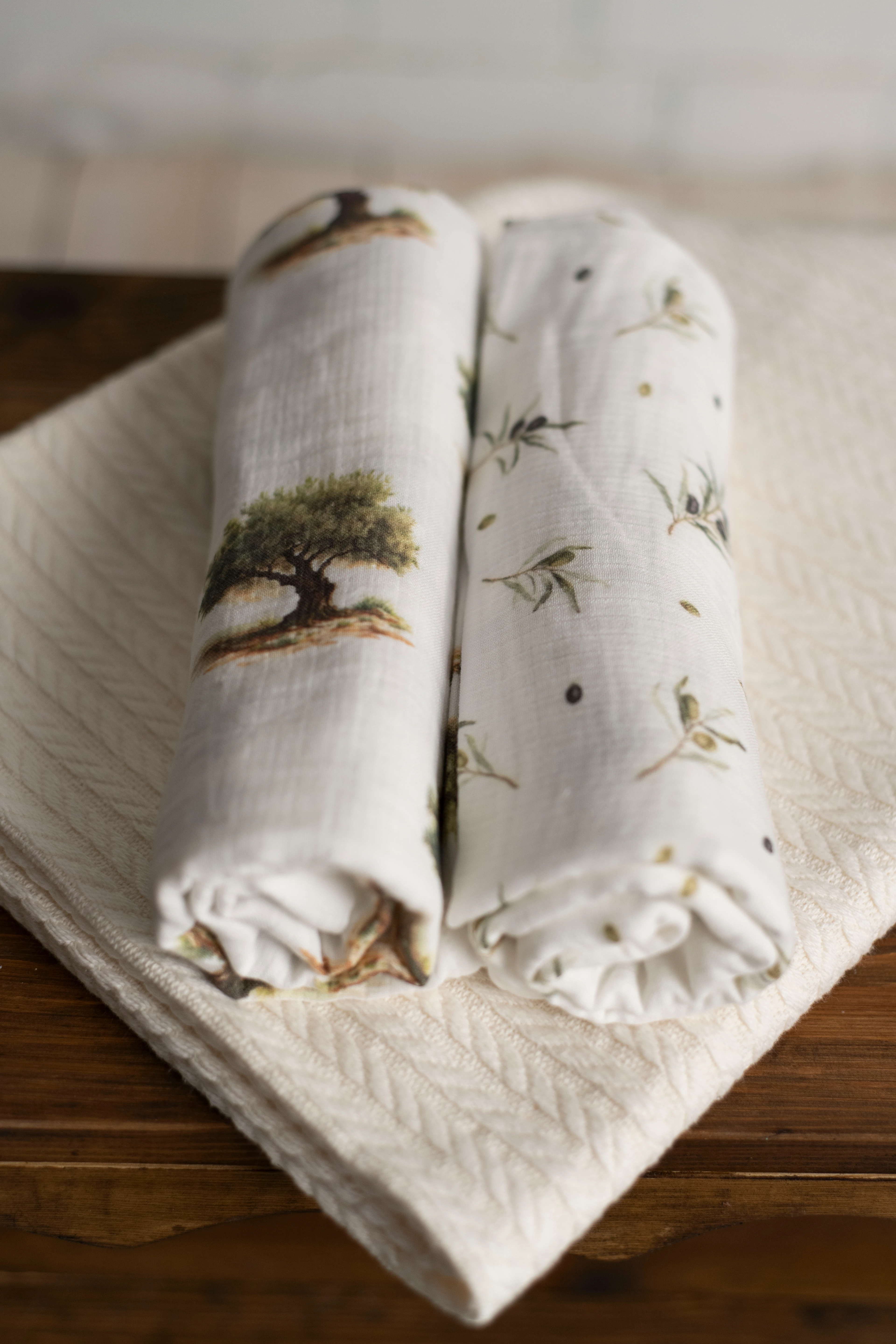 2 Kat Müslin Örtü + Pike Seti - Krem Pike + Zeytin Ağacı