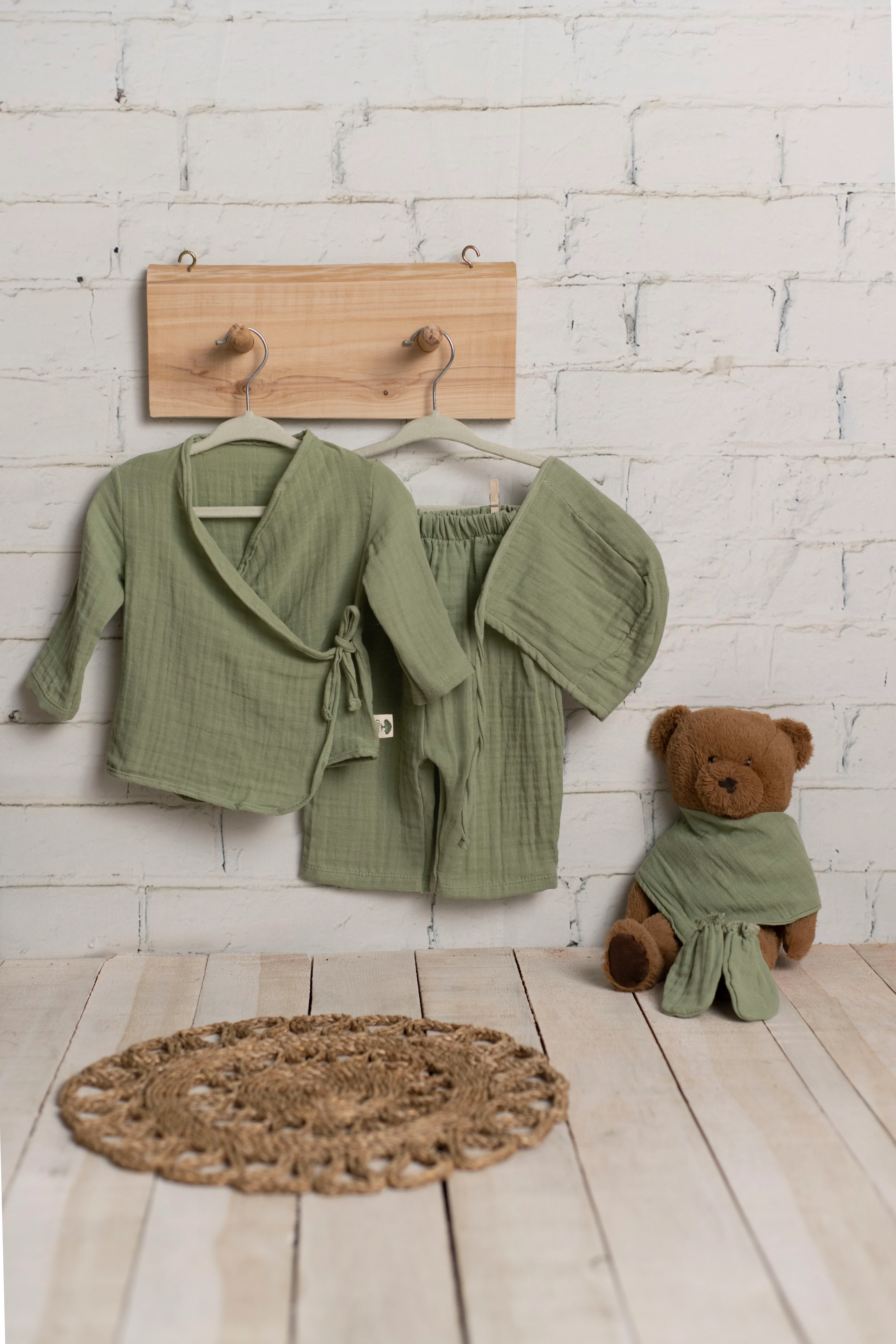 7 Parça 2 Kat Müslin Yenidoğan Kimono Seti - Haki