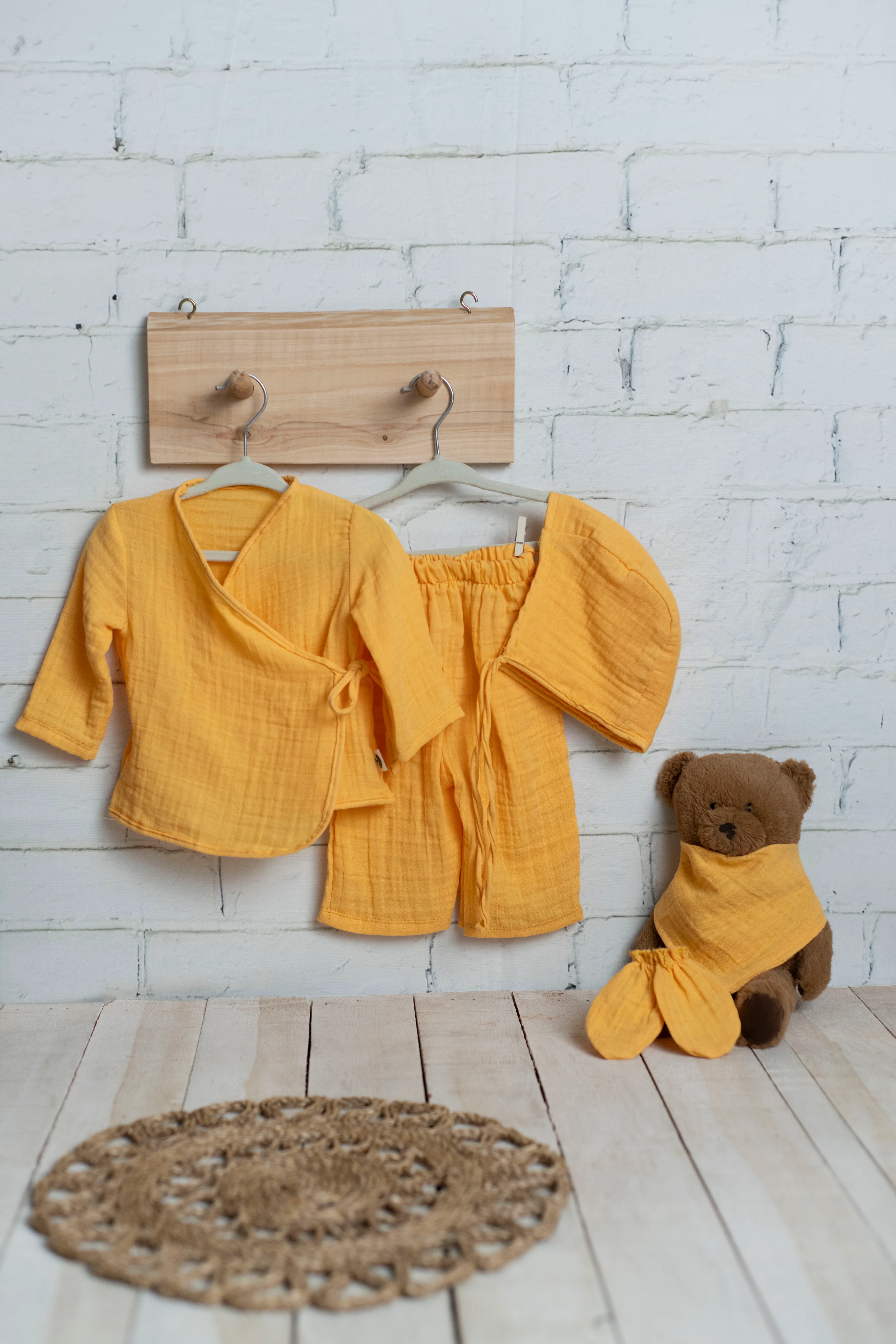 7 Parça 2 Kat Müslin Yenidoğan Kimono Seti - Hardal