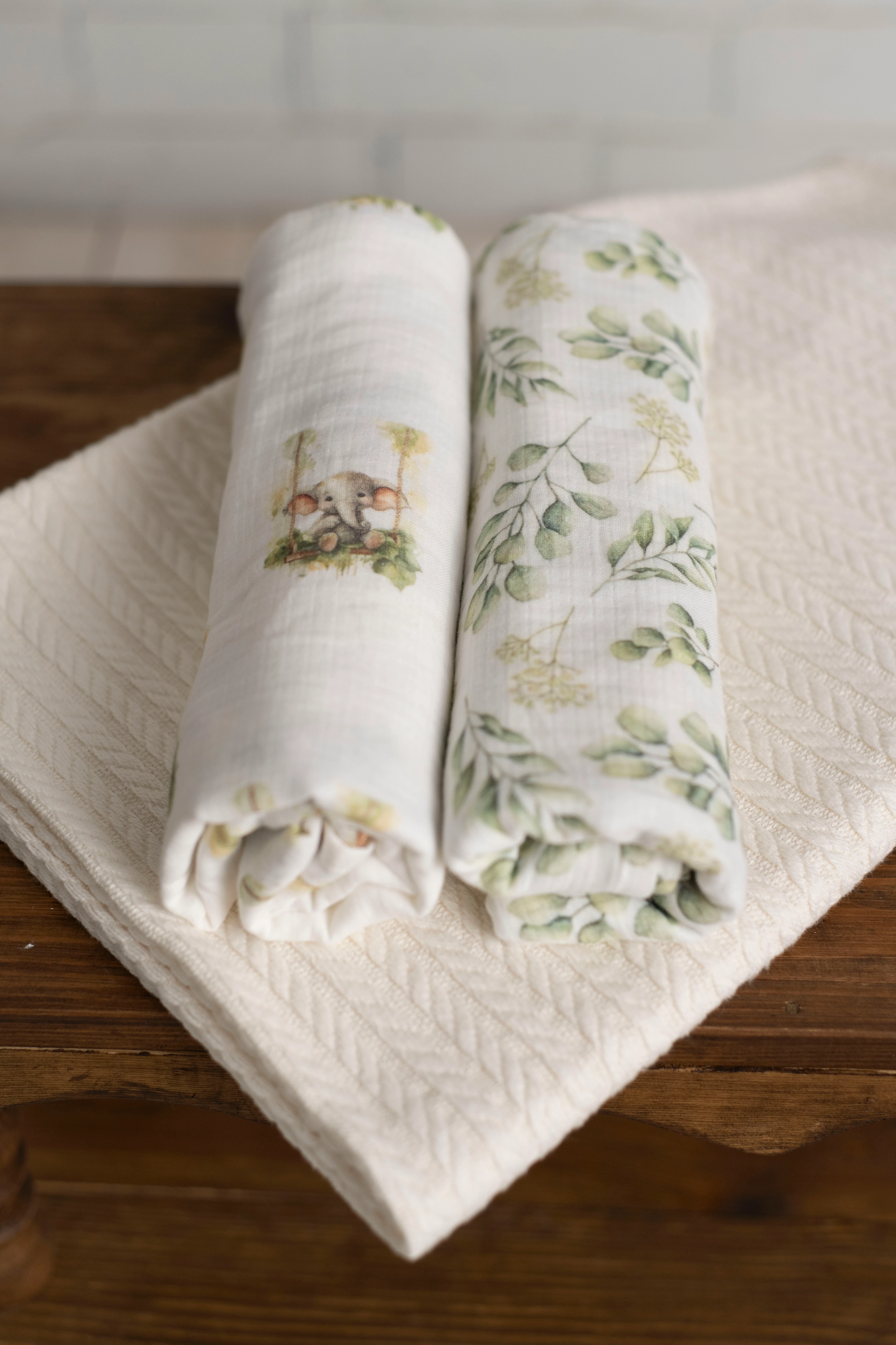 2 Kat Müslin Örtü + Pike Seti - Krem Pike + Okaliptus/Fil