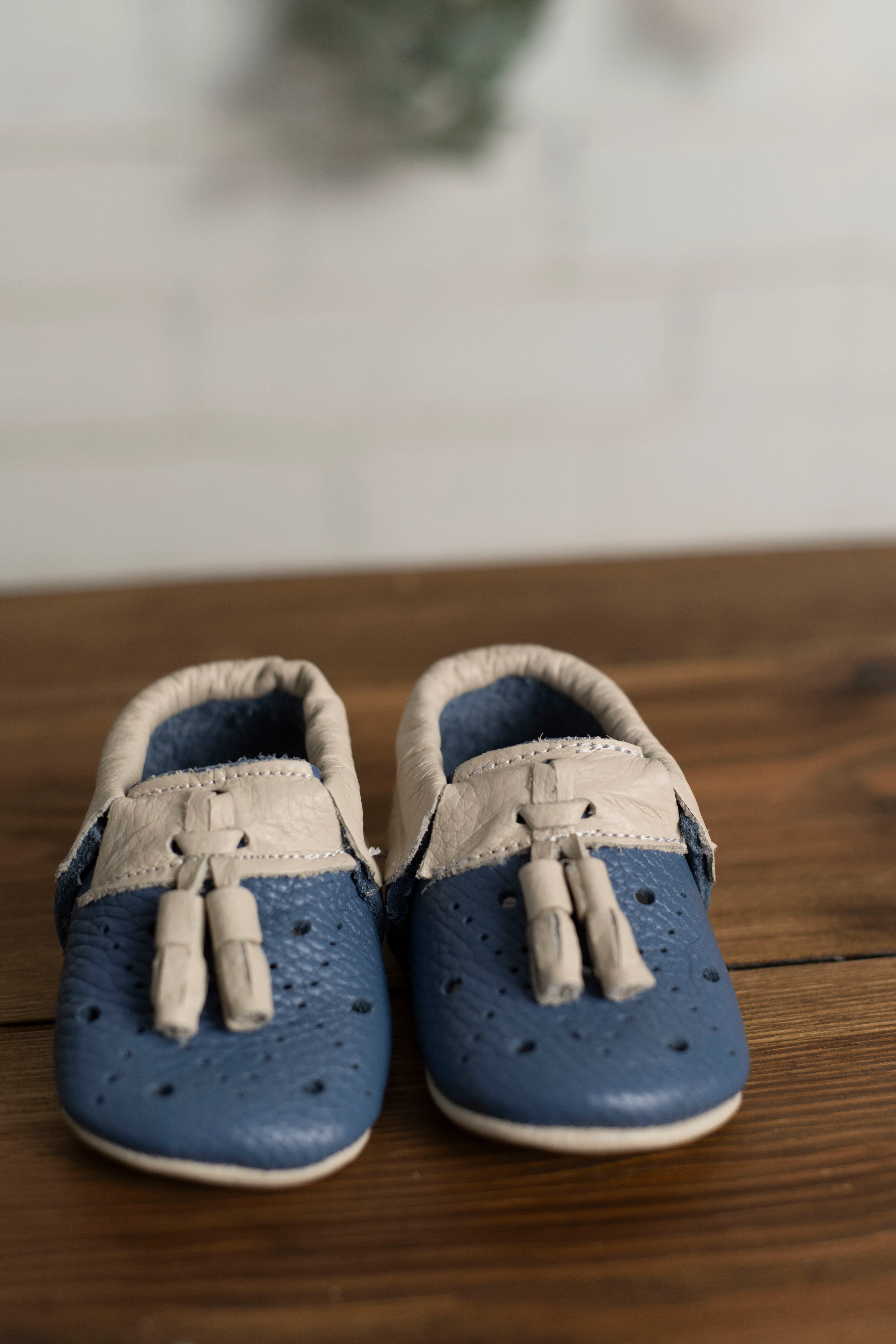 Yeni Doğan Bebek Deri Püsküllü Ayakkabı - Mavi-Krem