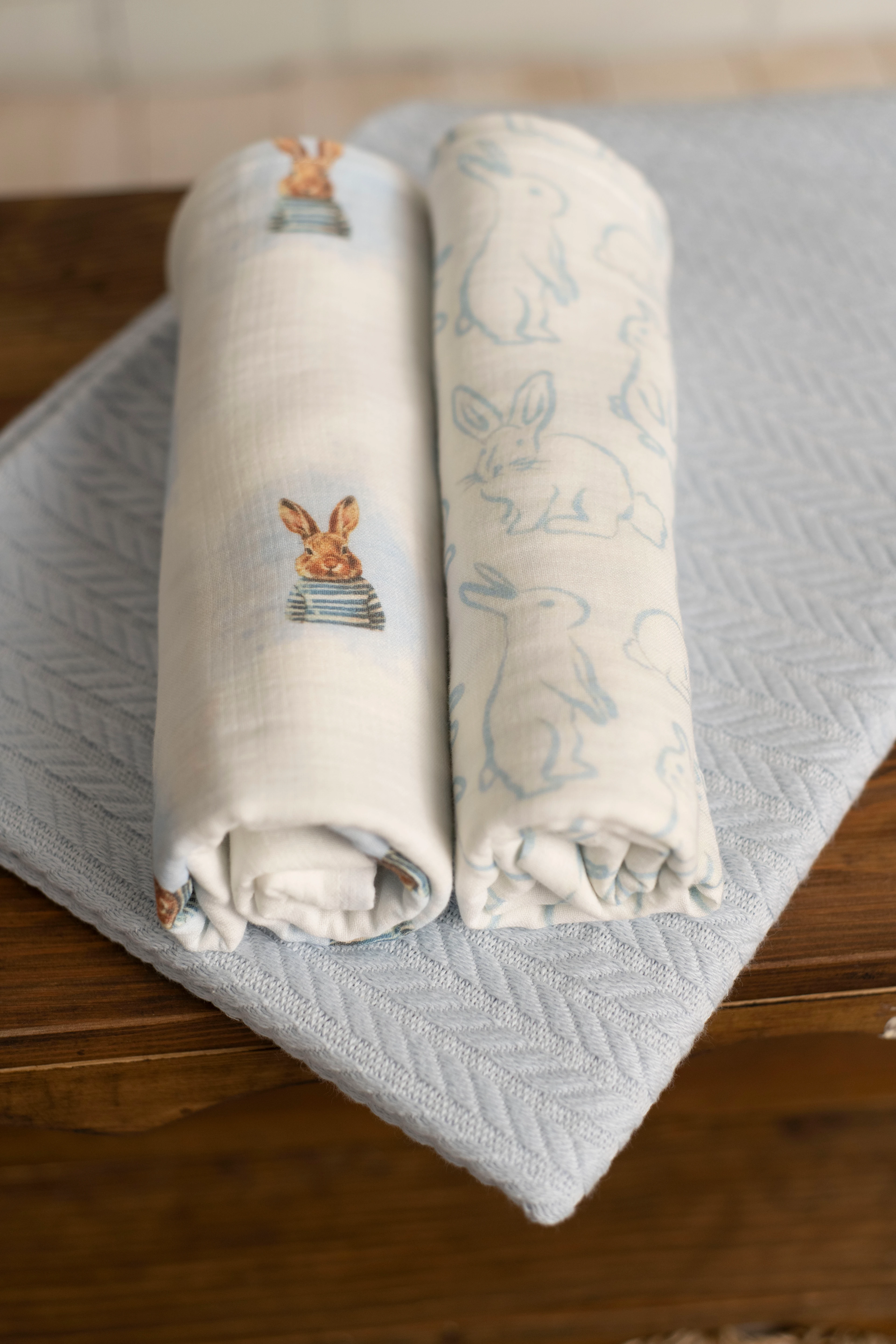 2 Kat Müslin Örtü + Pike Seti - Mavi Pike + Mavi Tavşan