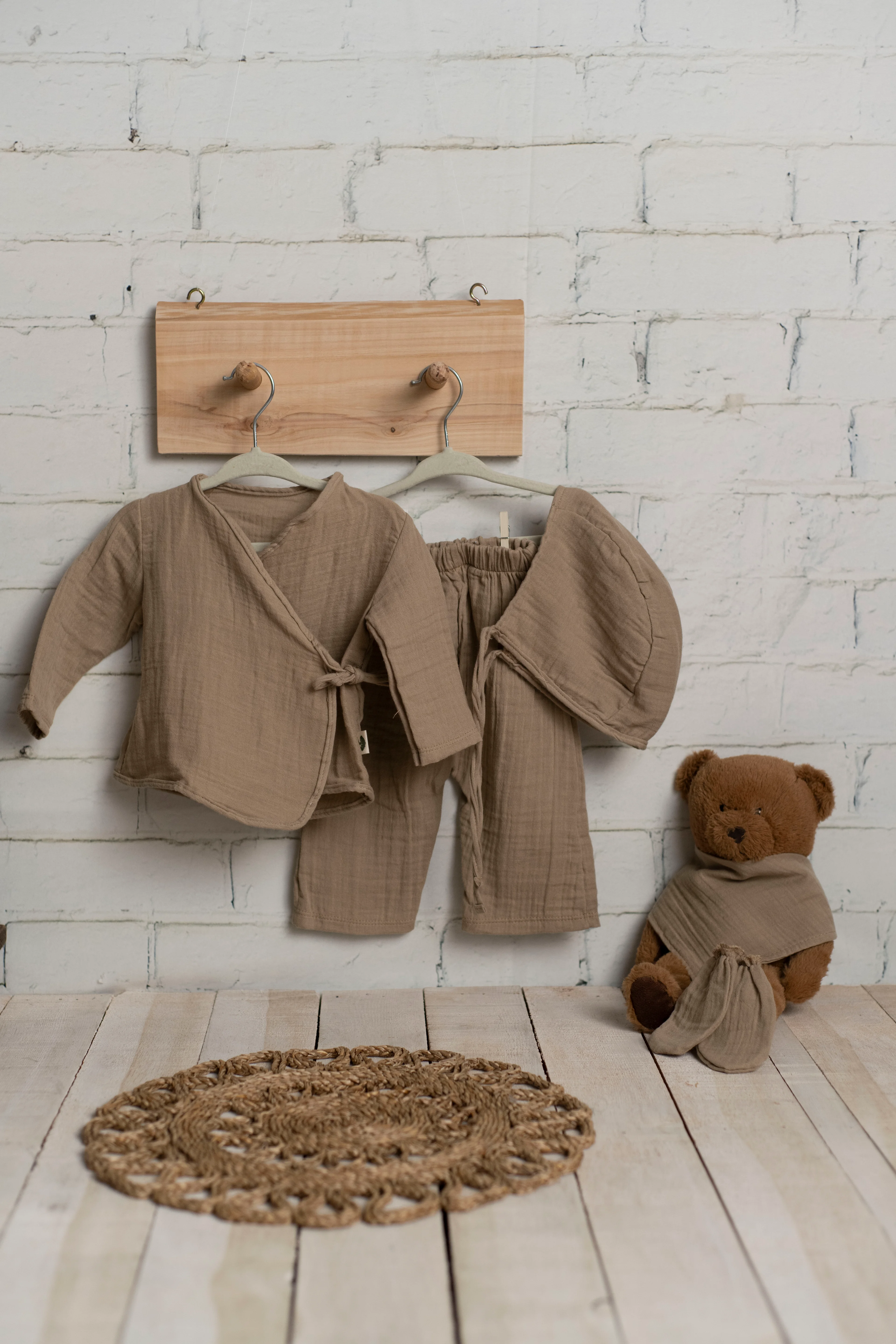 7 Parça 2 Kat Müslin Yenidoğan Kimono Seti - Koyu Bej