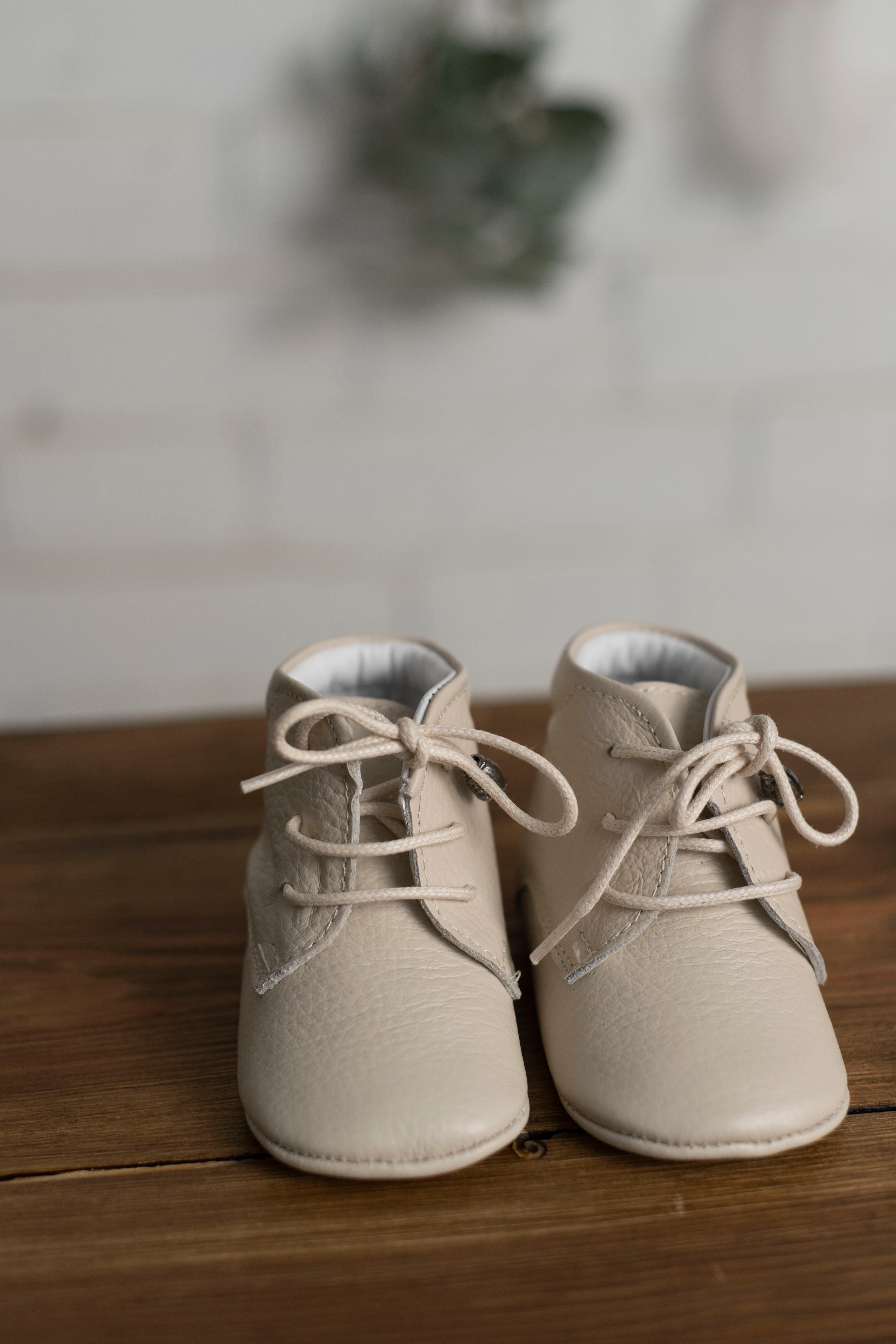 Yeni doğan Bebek Deri Bağcıklı Bot - Krem - Zeytin