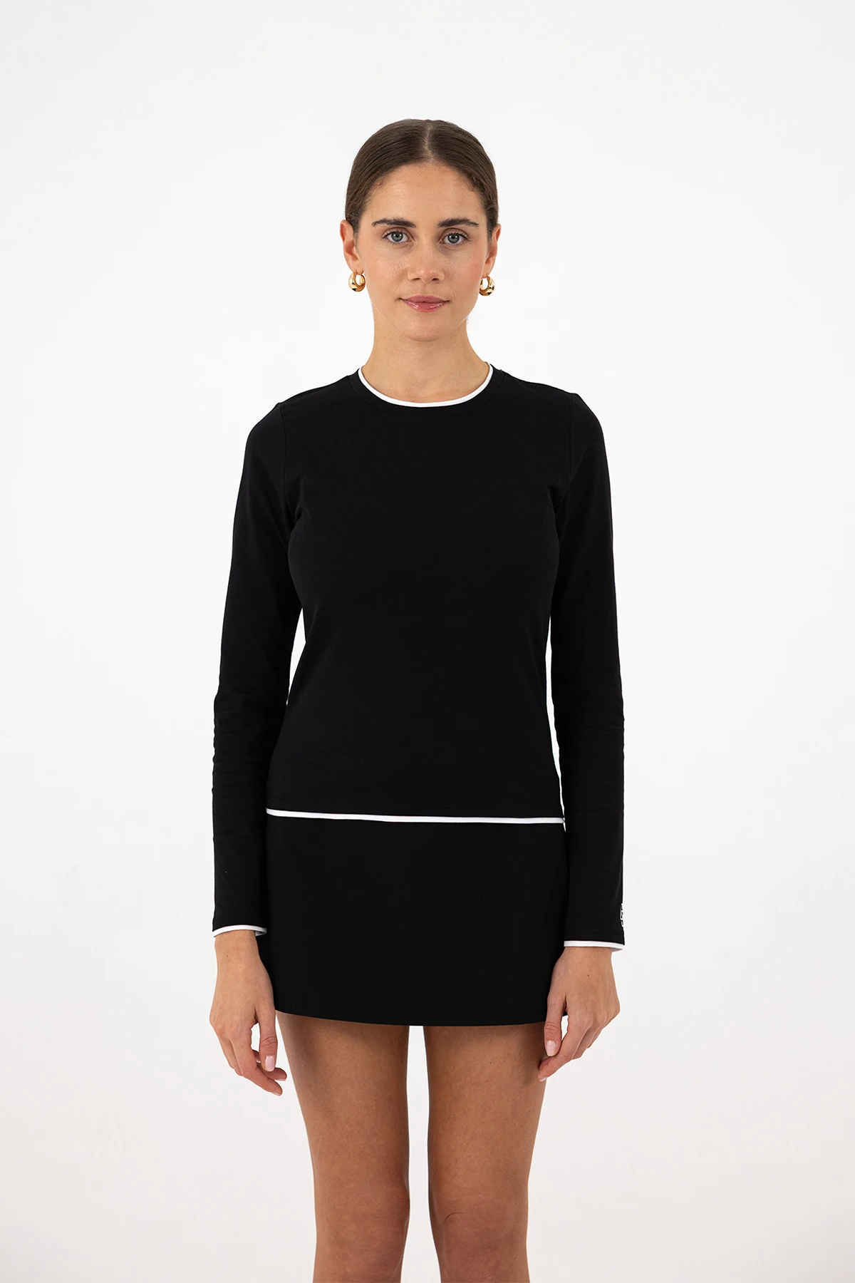 KONTRAST BİYELİ UZUN KOLLU T-SHIRT - Black