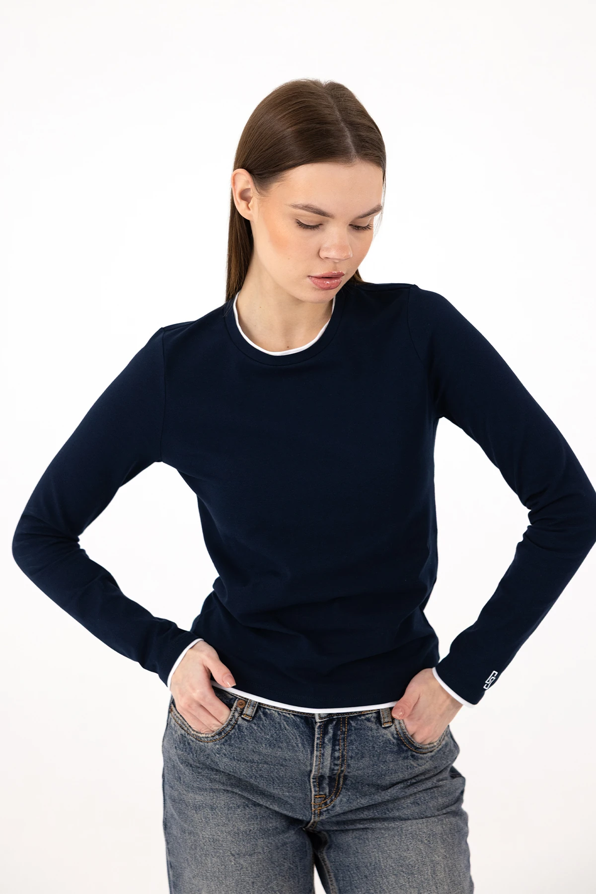 KONTRAST BİYELİ UZUN KOLLU T-SHIRT - Desert sky