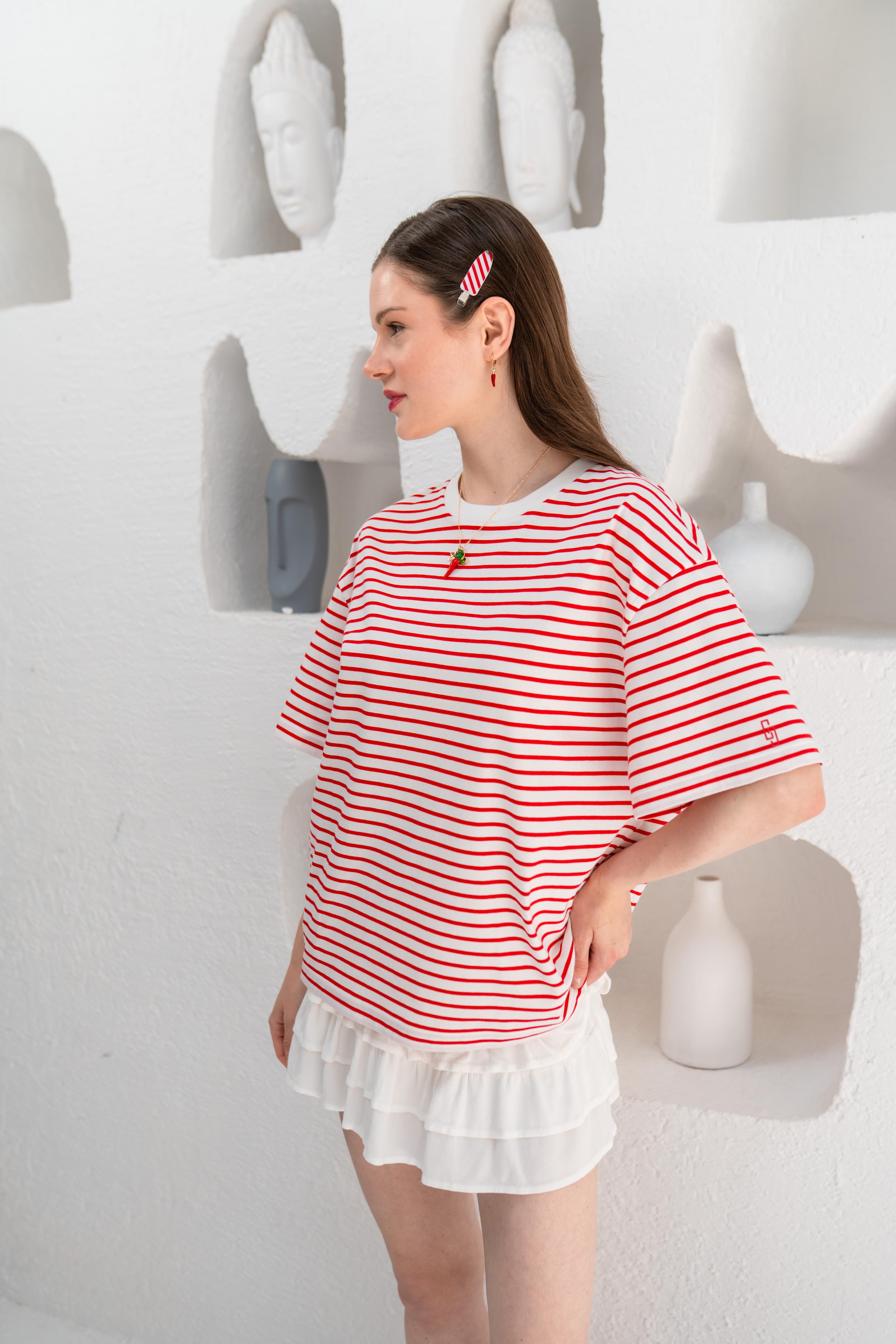 Oversize Kısa Kollu Çizgili T-Shirt