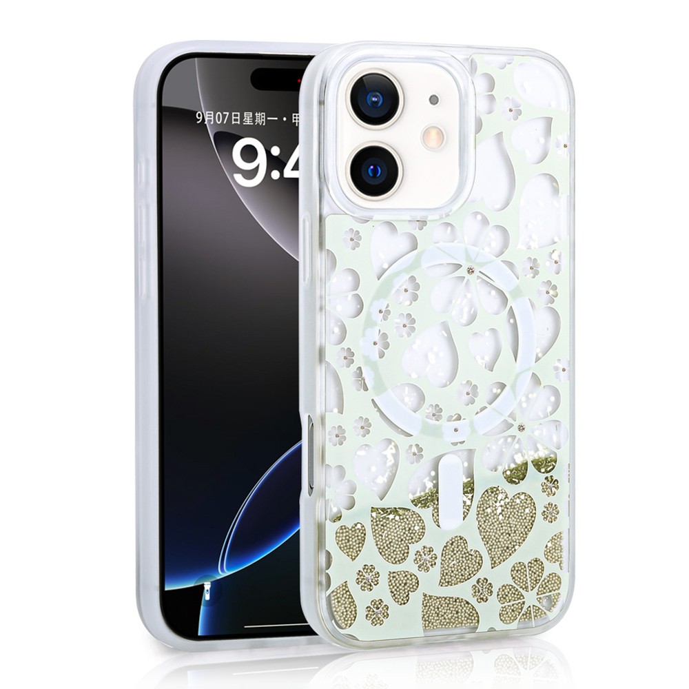 Apple iPhone 12 Kılıf Sıvılı Simli Baskılı Şeffaf Arka Yüzey Hatmextech Mossa Silikon Kapak