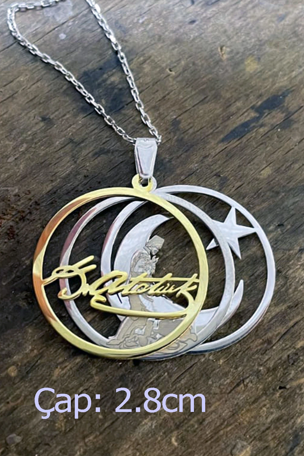 925 Ayar Gümüş Atatürk Kolye – Hilal ve Yıldız Tasarımlı, Altın Kaplama Yuvarlak Kolye Ucu