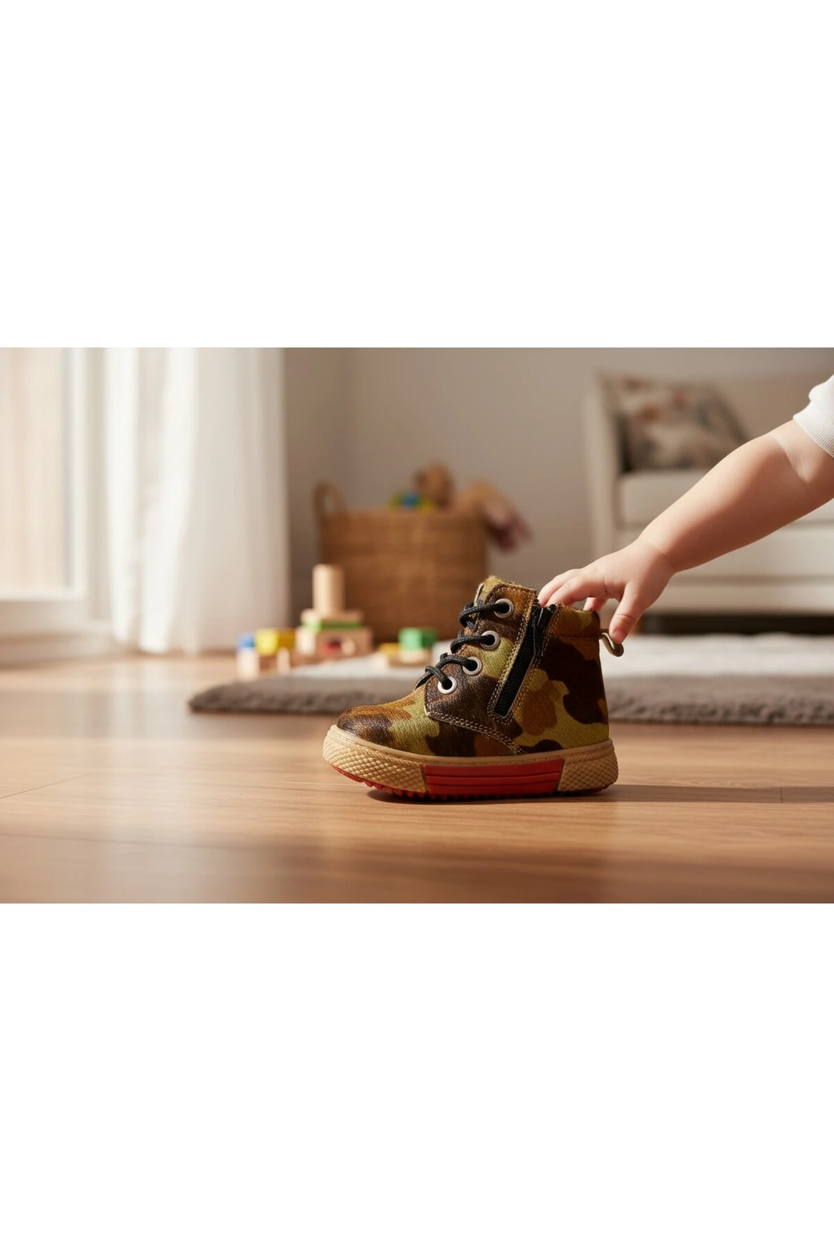 Hakiki Deri Kamuflaj Ortopedik Fermuarlı Bot