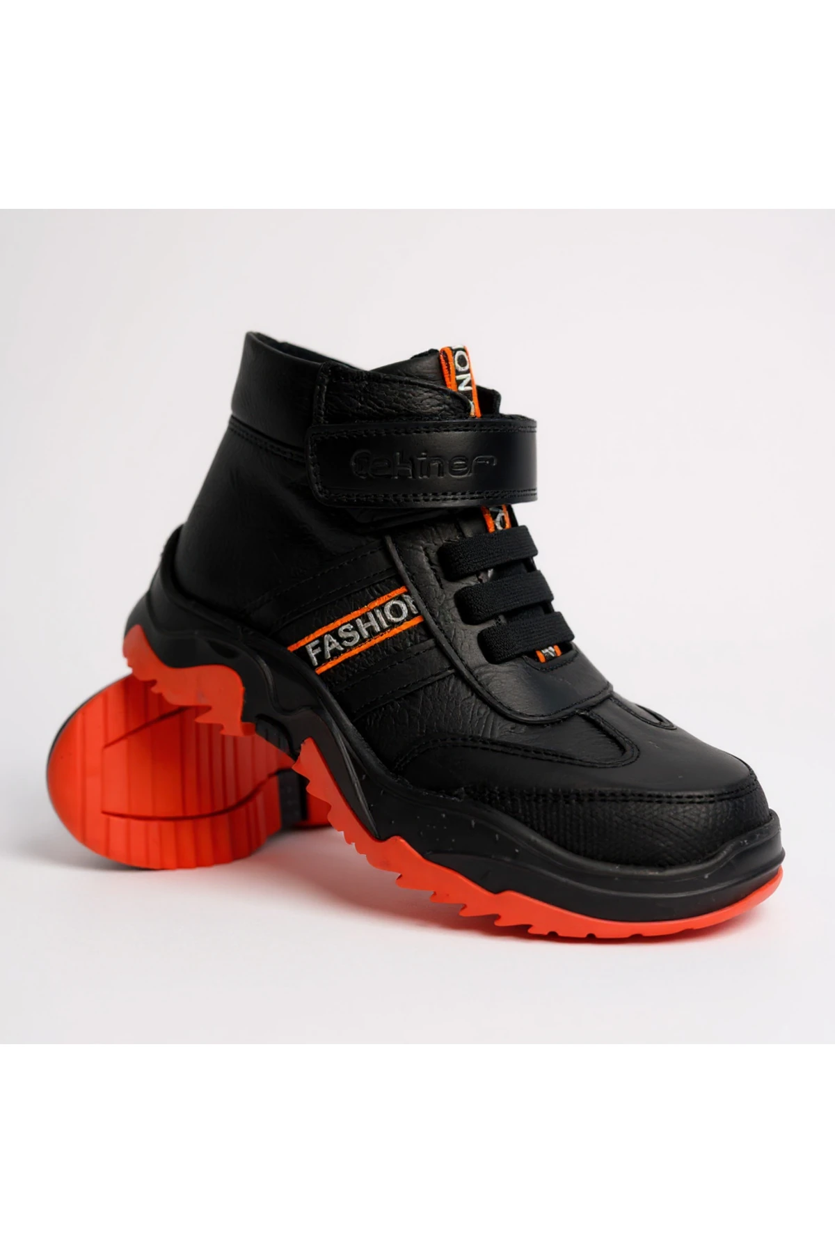 Siyah Turuncu Hakiki Deri Ortopedik Çocuk Botu