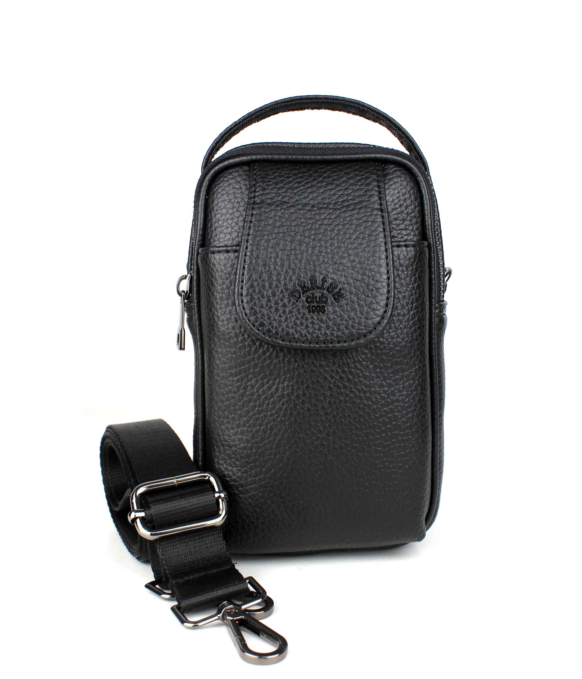 Erkek Suni Deri Lüks Kapaklı Çok Bölmeli El ve Omuz Çantası - Siyah