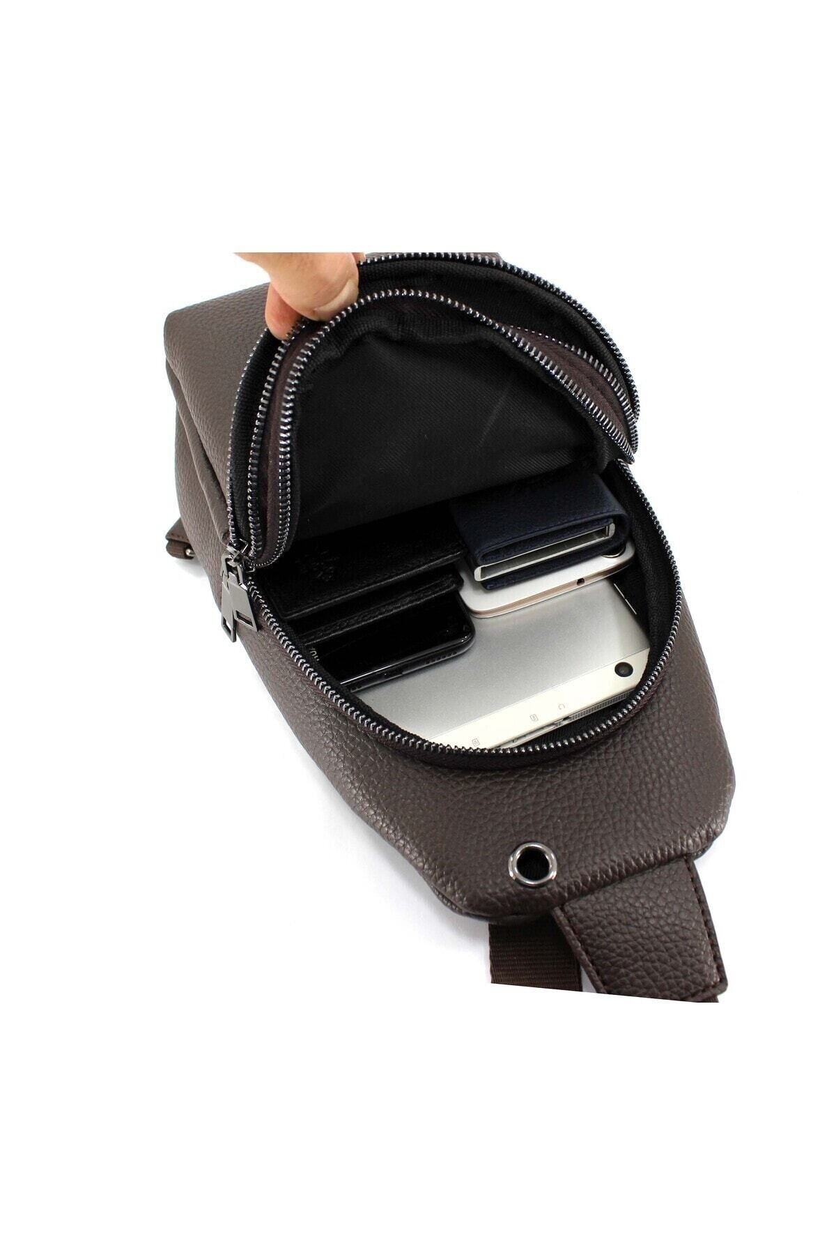 Kahverengi Çapraz Askılı Çanta Göğüs Çanta Çok Bölmeli Omuz Askılı Kulaklık Çıkışlı Body Bag Çanta