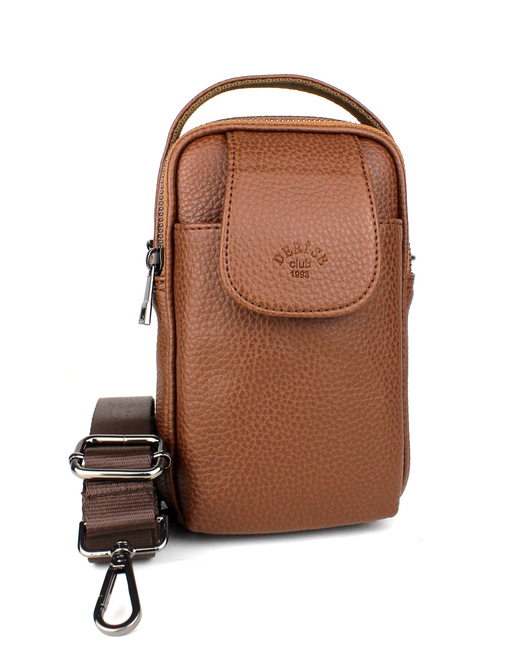 Erkek Suni Deri Lüks Kapaklı Çok Bölmeli El ve Omuz Çantası - Taba