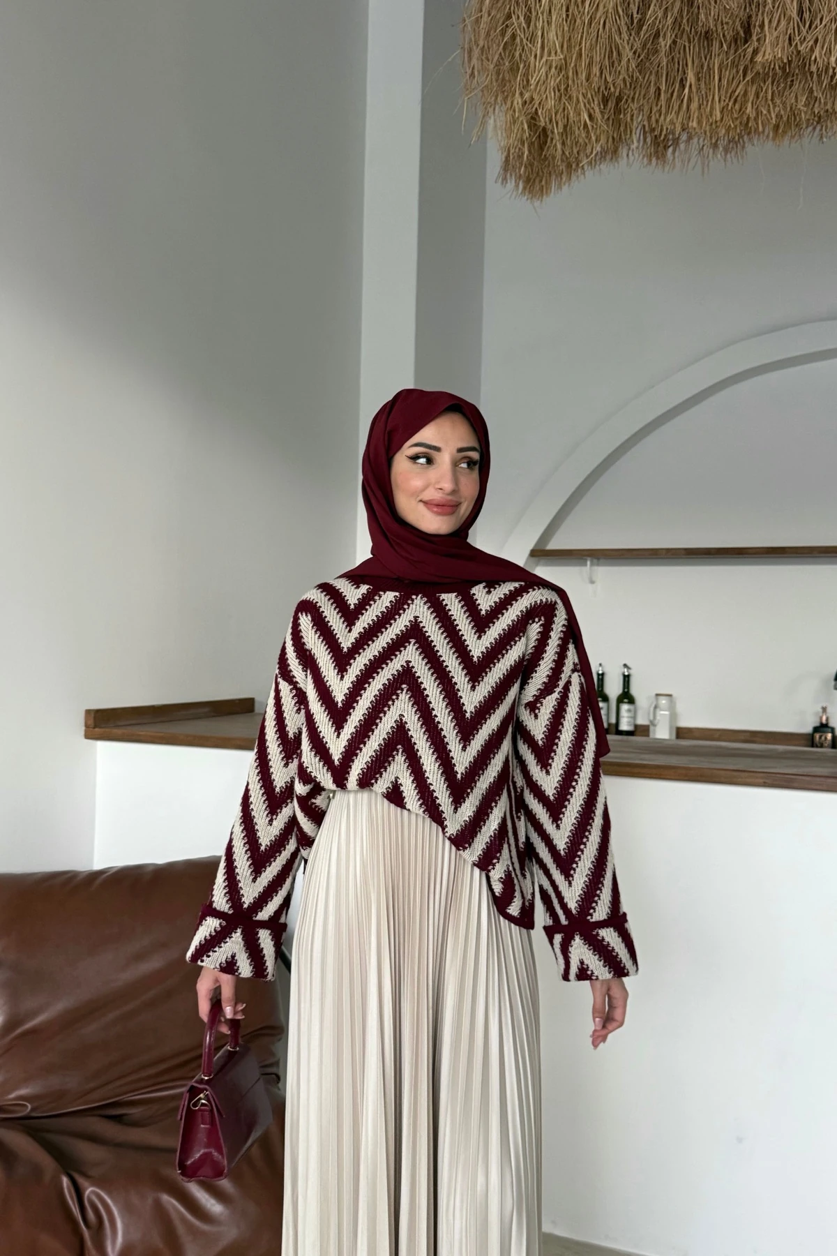 Duru Zikzak Desenli Kazak | Bordo