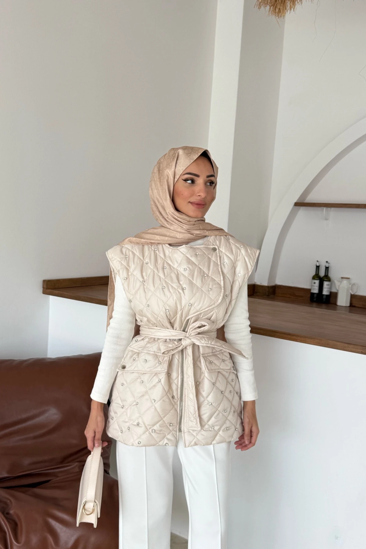 Asude Taşlı Yelek | Krem
