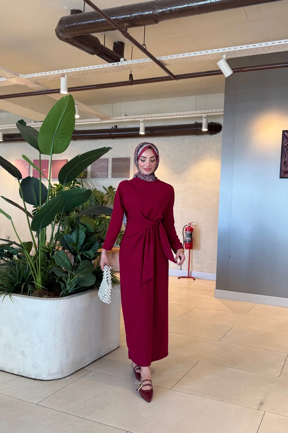 Linya Krep Elbise | Bordo