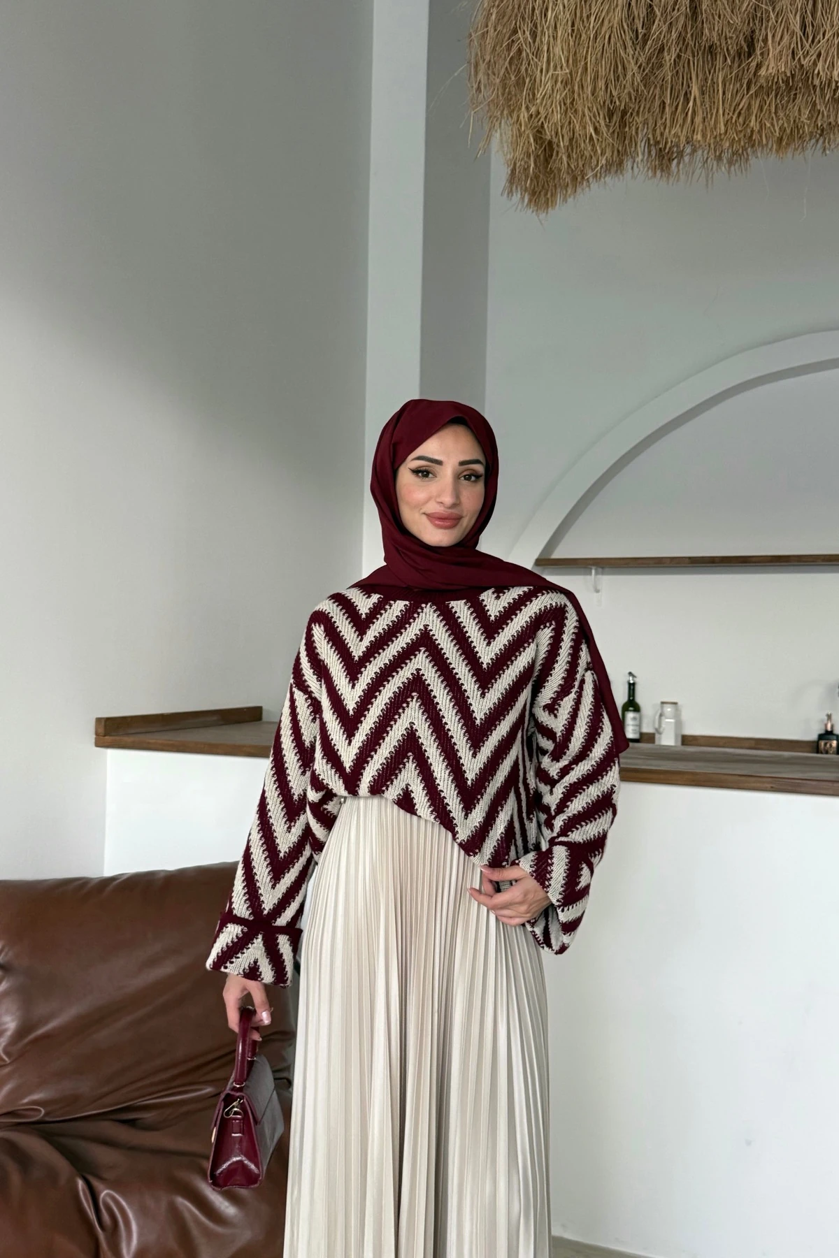 Duru Zikzak Desenli Kazak | Bordo