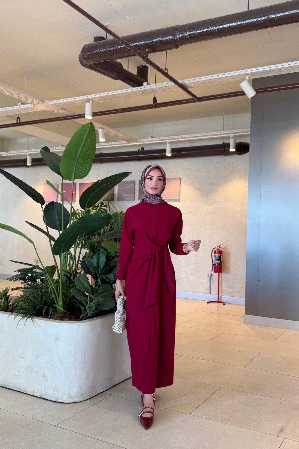 Linya Krep Elbise | Bordo