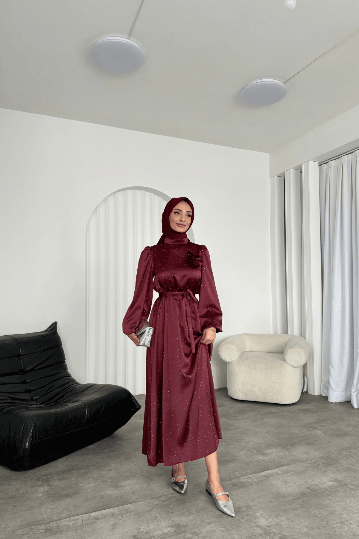 Alora Saten Taşlı Elbise