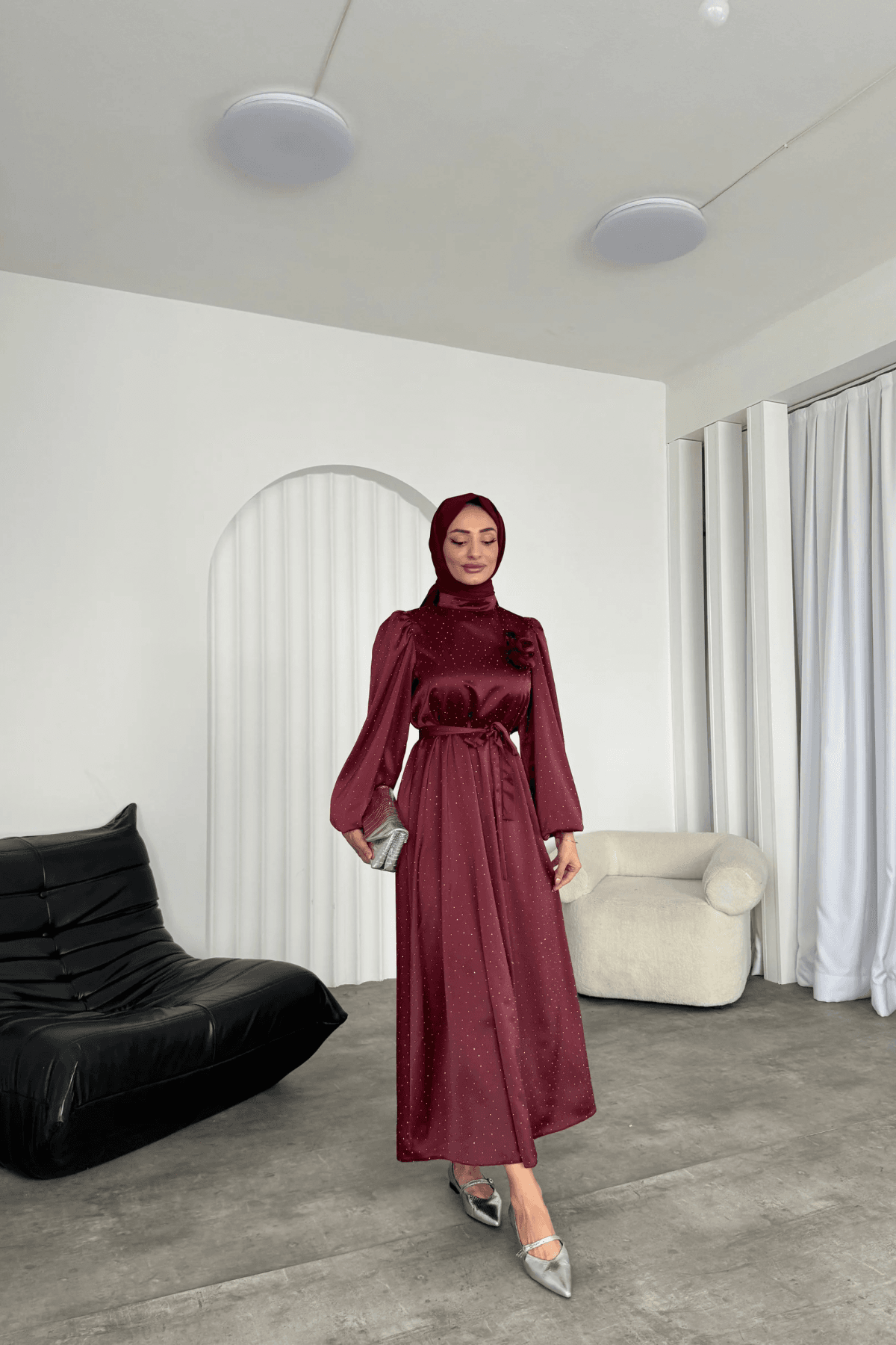 Alora Saten Taşlı Elbise