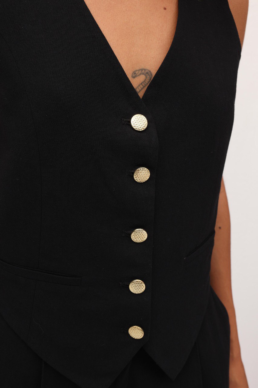 Gold Düğmeli Yelekli Keten İkili Premium Takım