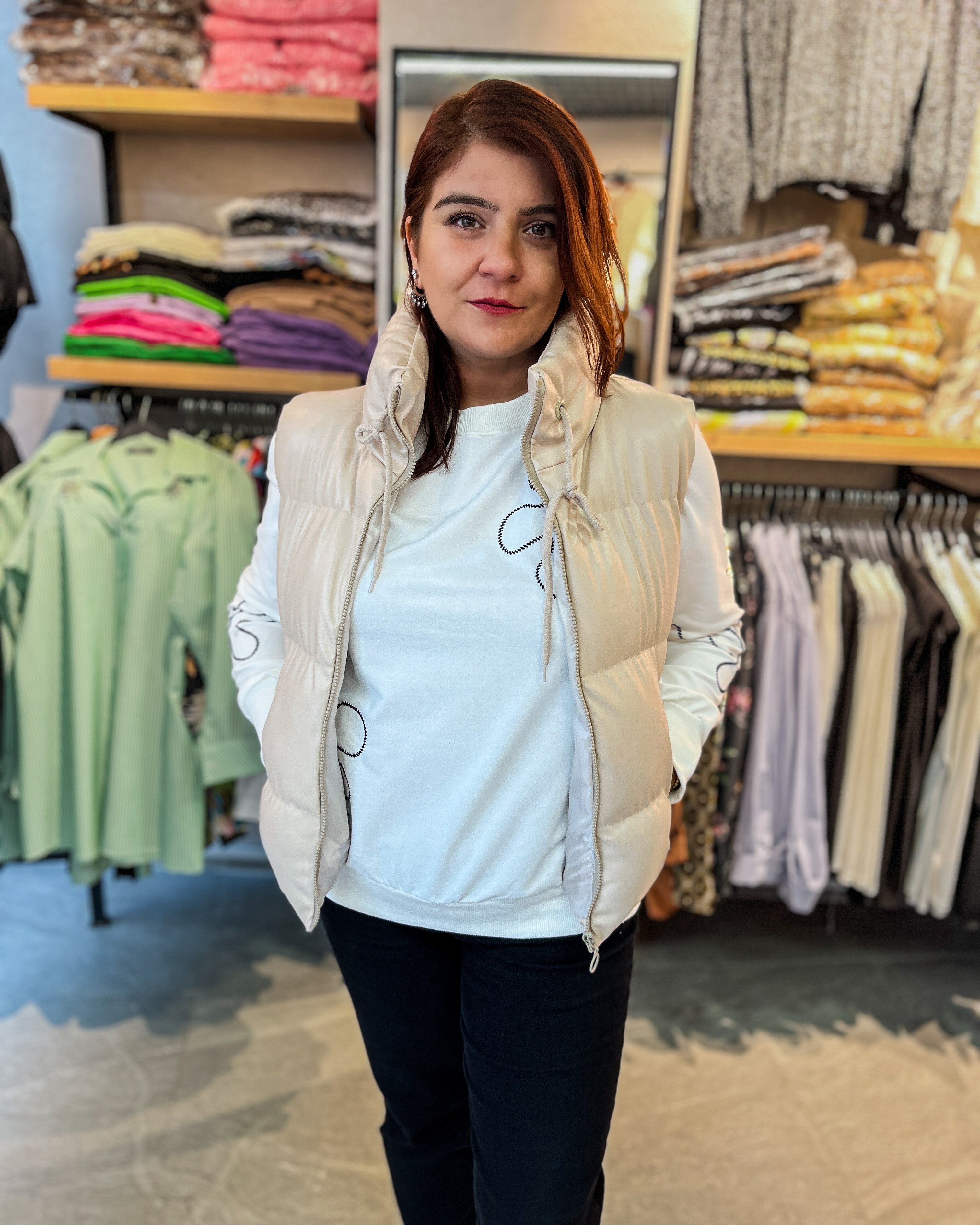 Fermuarlı Deri Krem Şişme Yelek