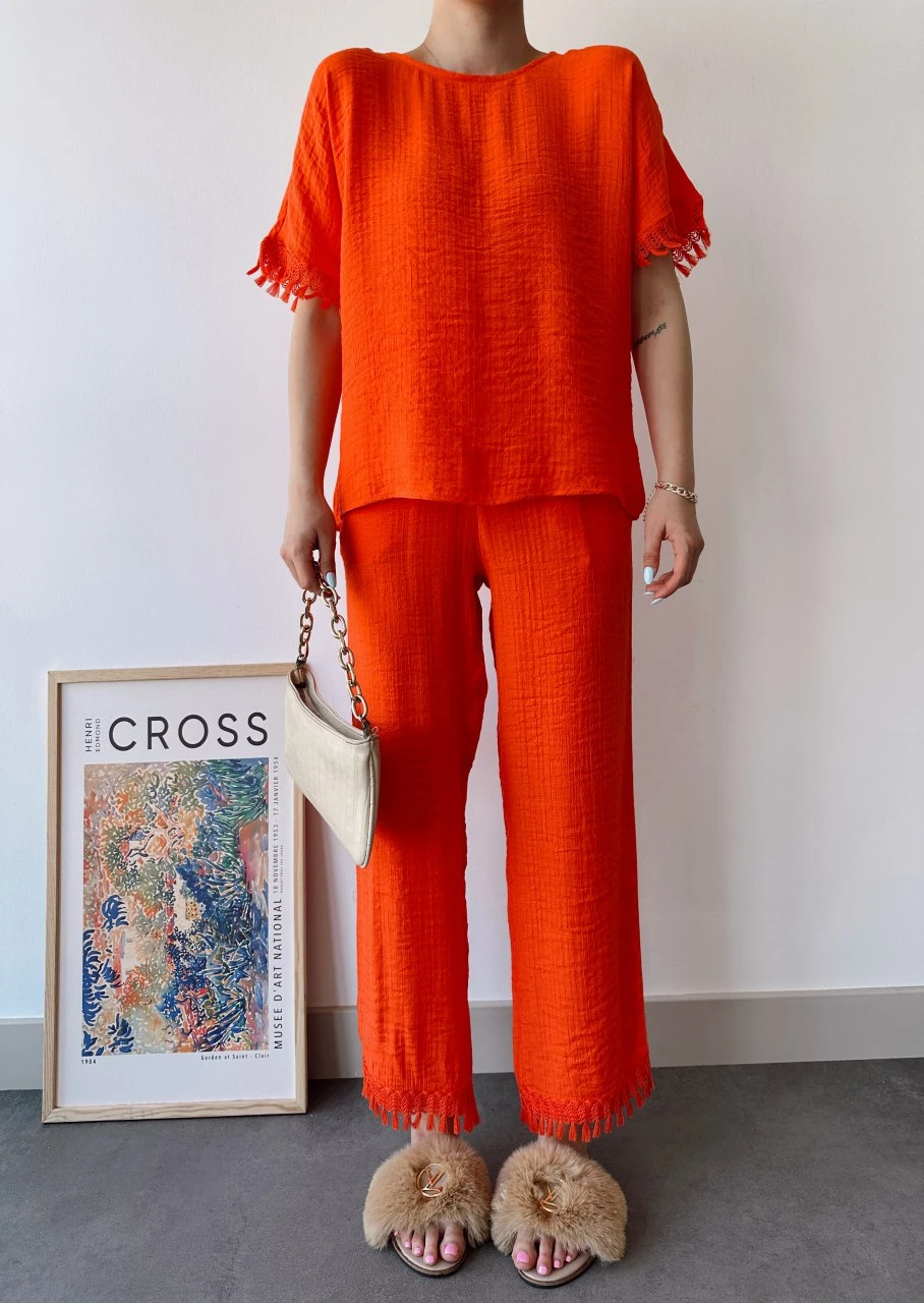 Paça ve Kol Püskül Detaylı Keten İkili Takım