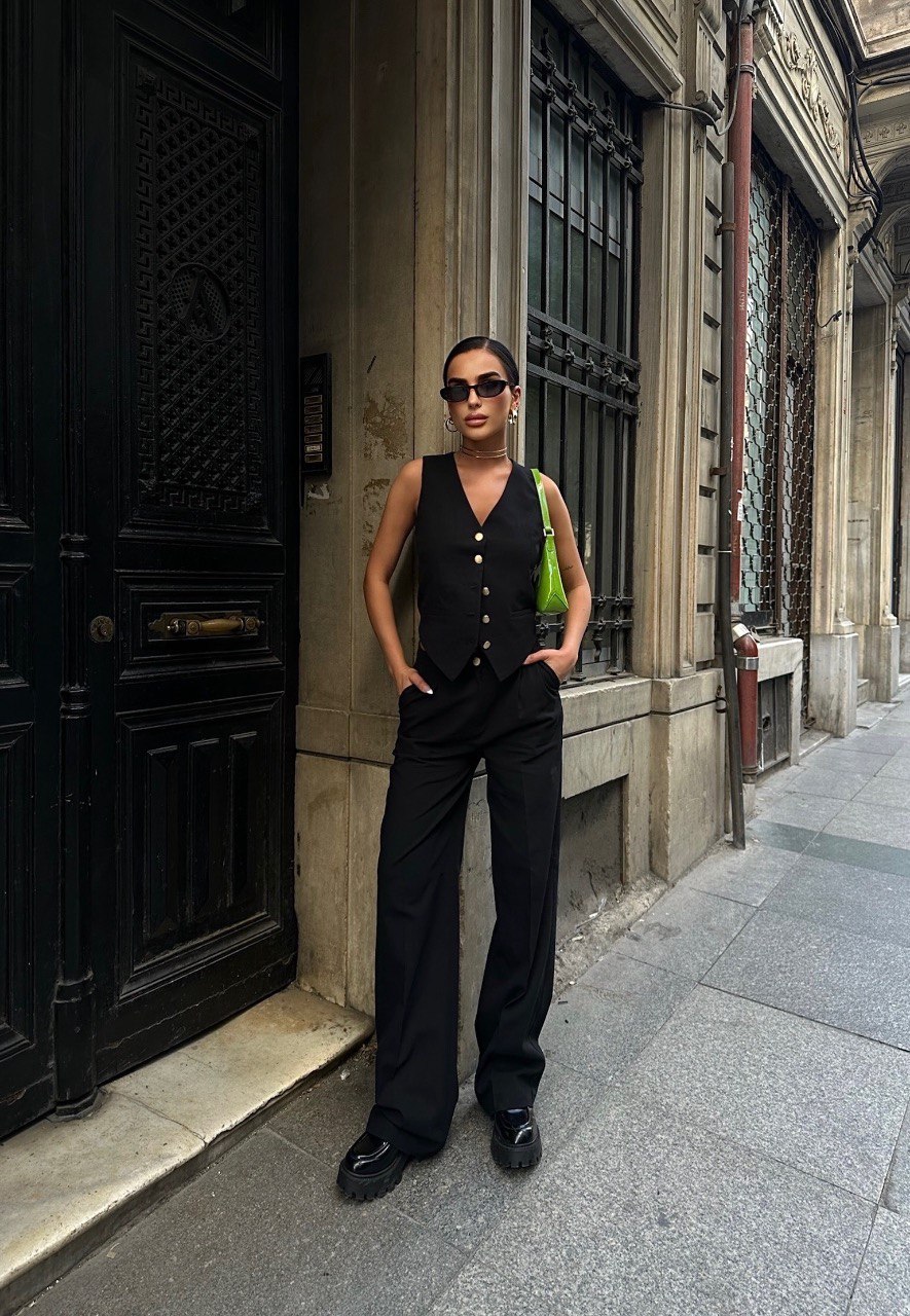 Gold Düğmeli Yelekli Keten İkili Premium Takım