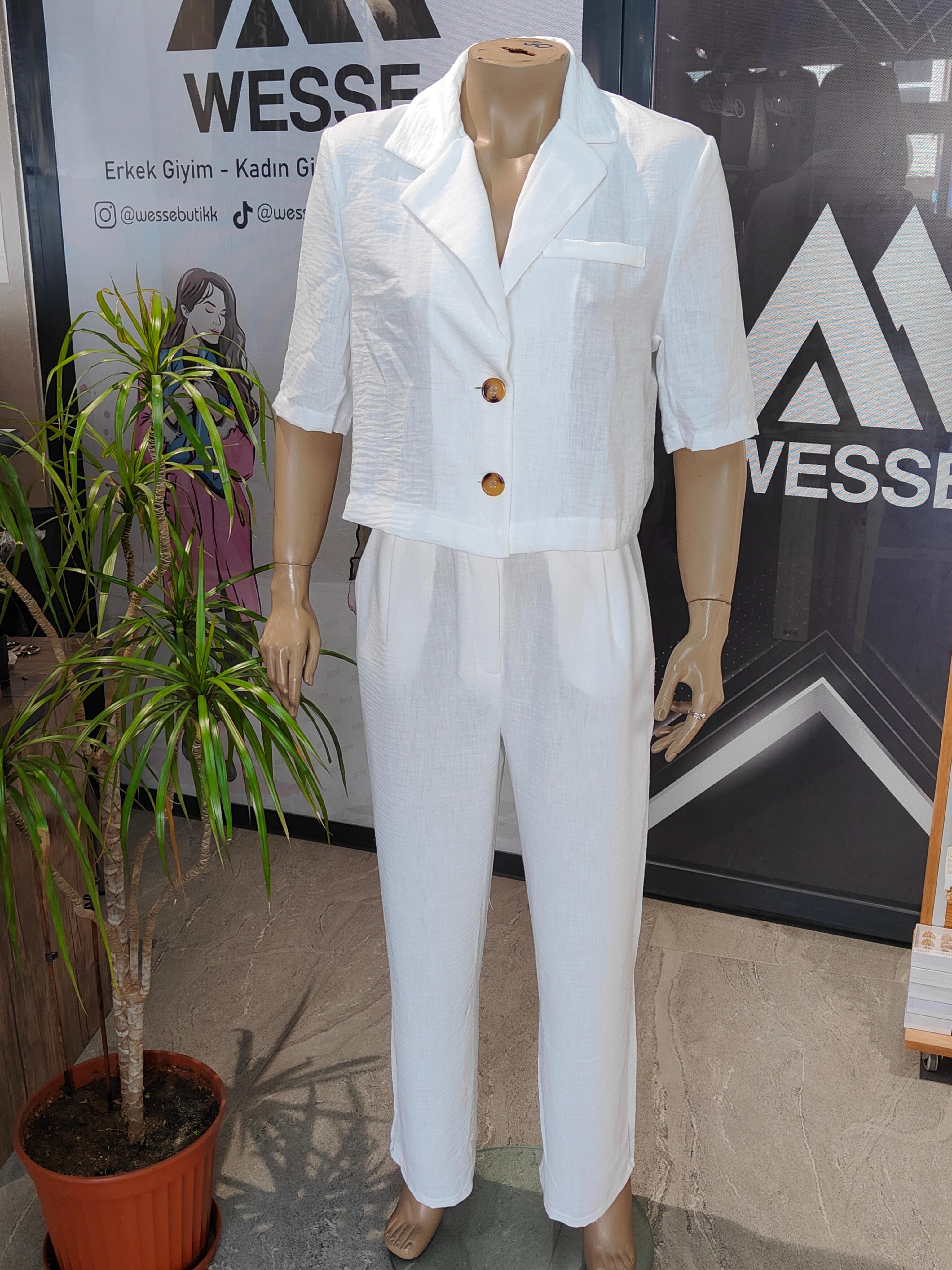 Crop Blazer - Palazzo Pantolon Keten ikili Takım