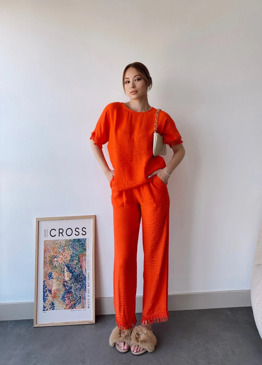 Paça ve Kol Püskül Detaylı Keten İkili Takım