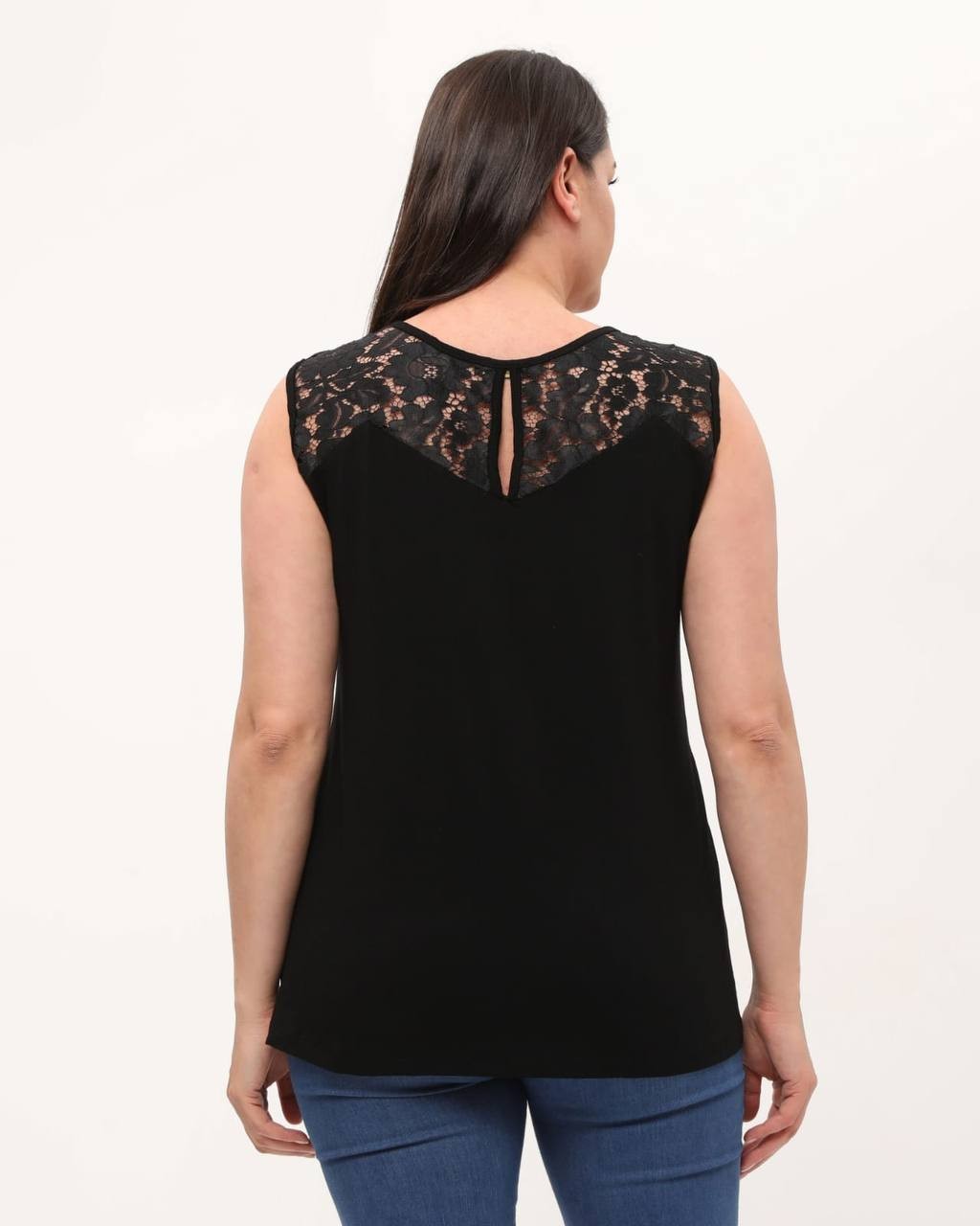 Sıfır Kol Dantel Detaylı Büyük Beden Siyah Tshirt