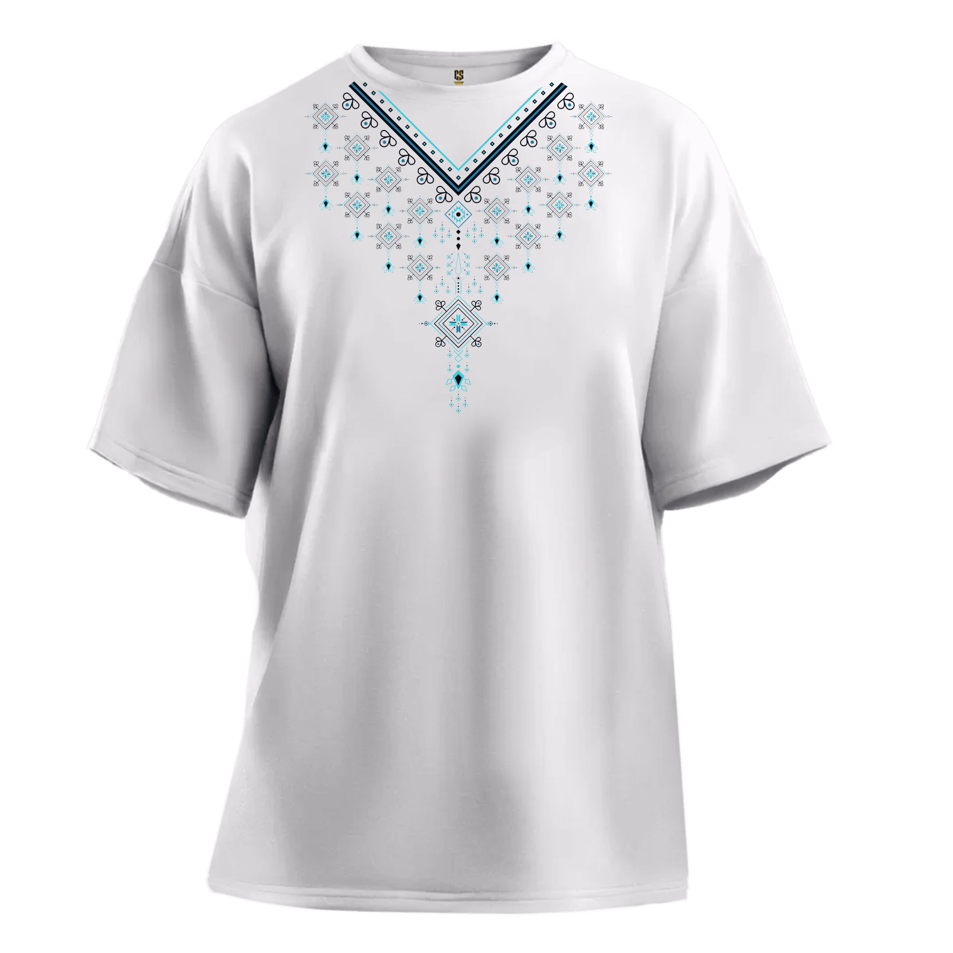 Etnik Yaka Desenli  Ön  Baskılı   (Unisex Tişört)