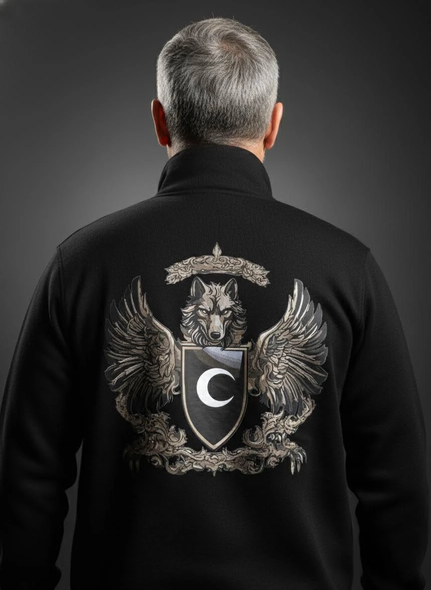 Kanatlı Kurt  Ön Ve Arka  Baskılı  Türk Serisi (Unisex Yarım Fermuarlı Sweat)