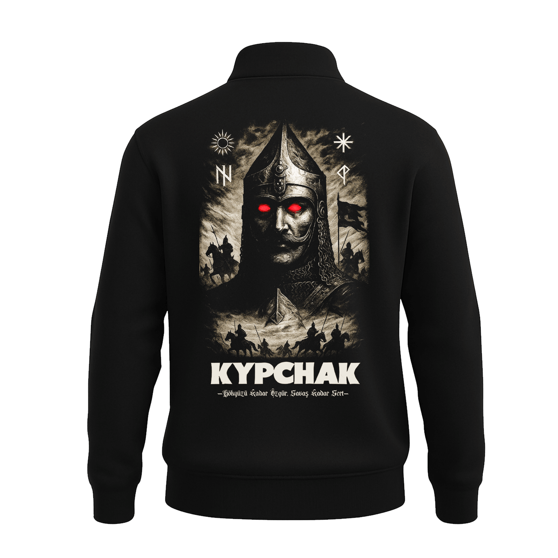 Kıpçak Gökyüzü Kadar Özgür , Savaş Kadar Sert Ön Ve Arka  Baskılı (Unisex Yarım Fermuarlı Sweat)