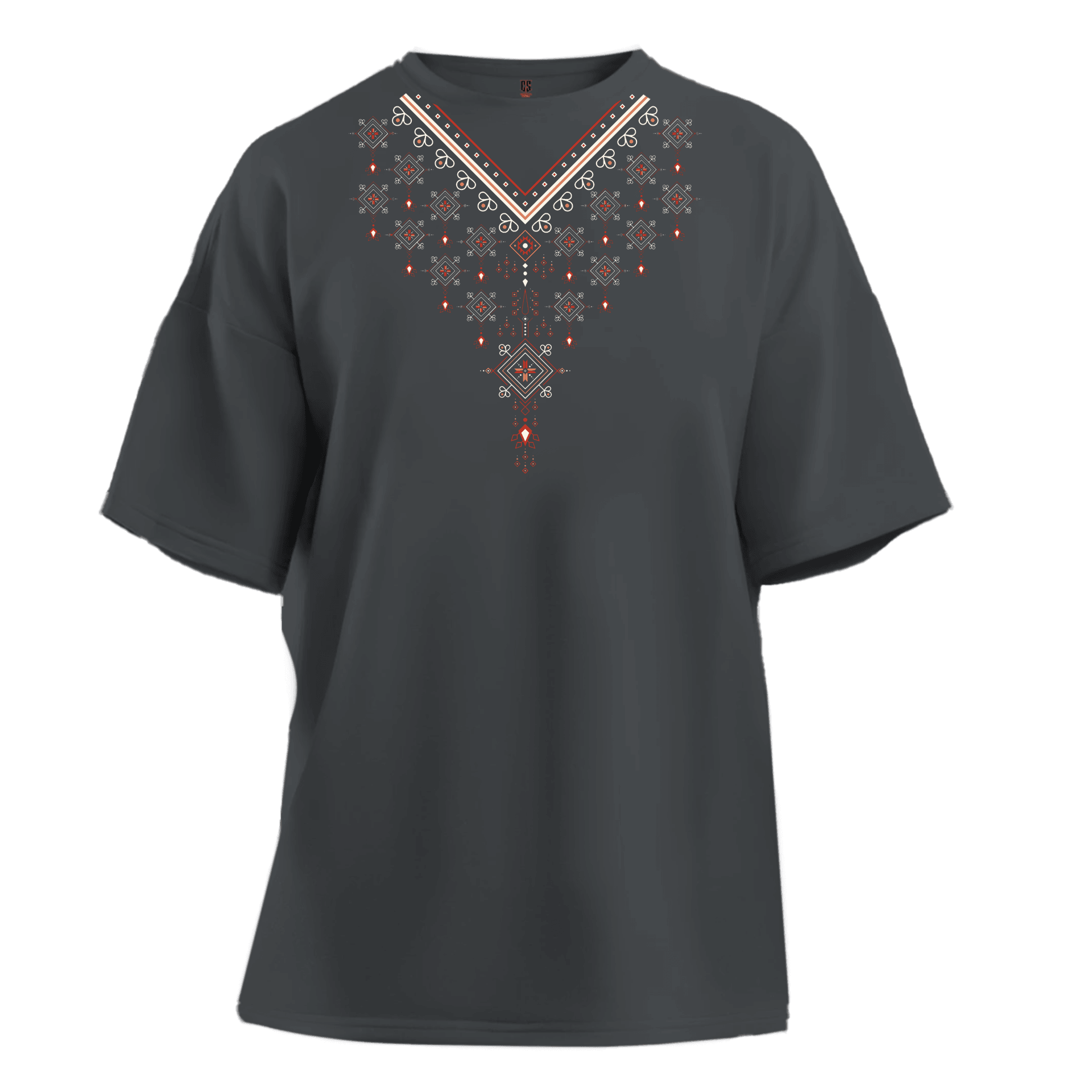 Etnik Yaka Desenli  Ön  Baskılı   (Unisex Tişört)