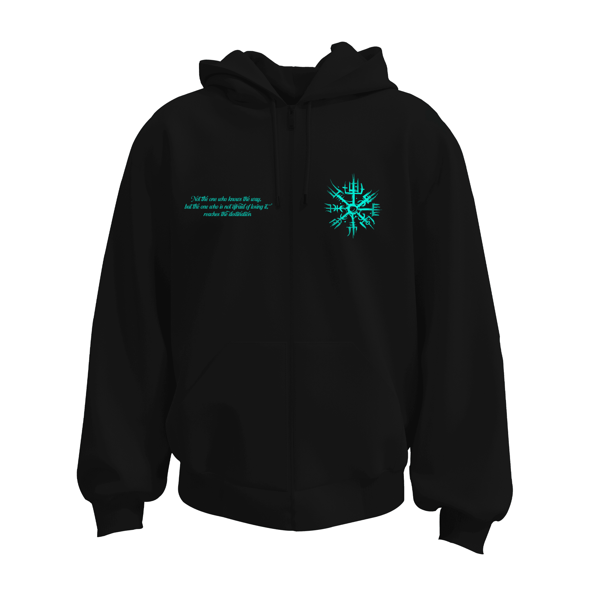 Not the one who knows the way, but the one who is not afraid of losing it, reaches the destination     Ön Ve Arka  Baskılı  Nordic Series (Unisex Fermuarlı Hoodie )